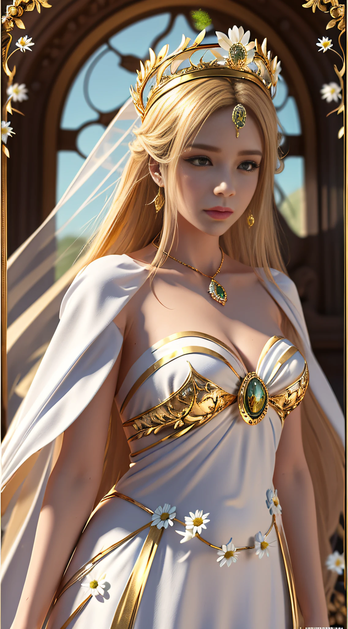 High detail,super alta qualidade,8K,Unreal Engine,masterpiece,Best quality,hyperdetailed,detailed,intricate,3D,there is a woman in a dress and a crown standing in front of a gold frame,white and gold priestess robes,,Extremely high detail, White daisies and gold decorations,Delicate face,Filaments that emit a golden glow are wrapped around you,In his right hand he holds a white daisy,Full body photo