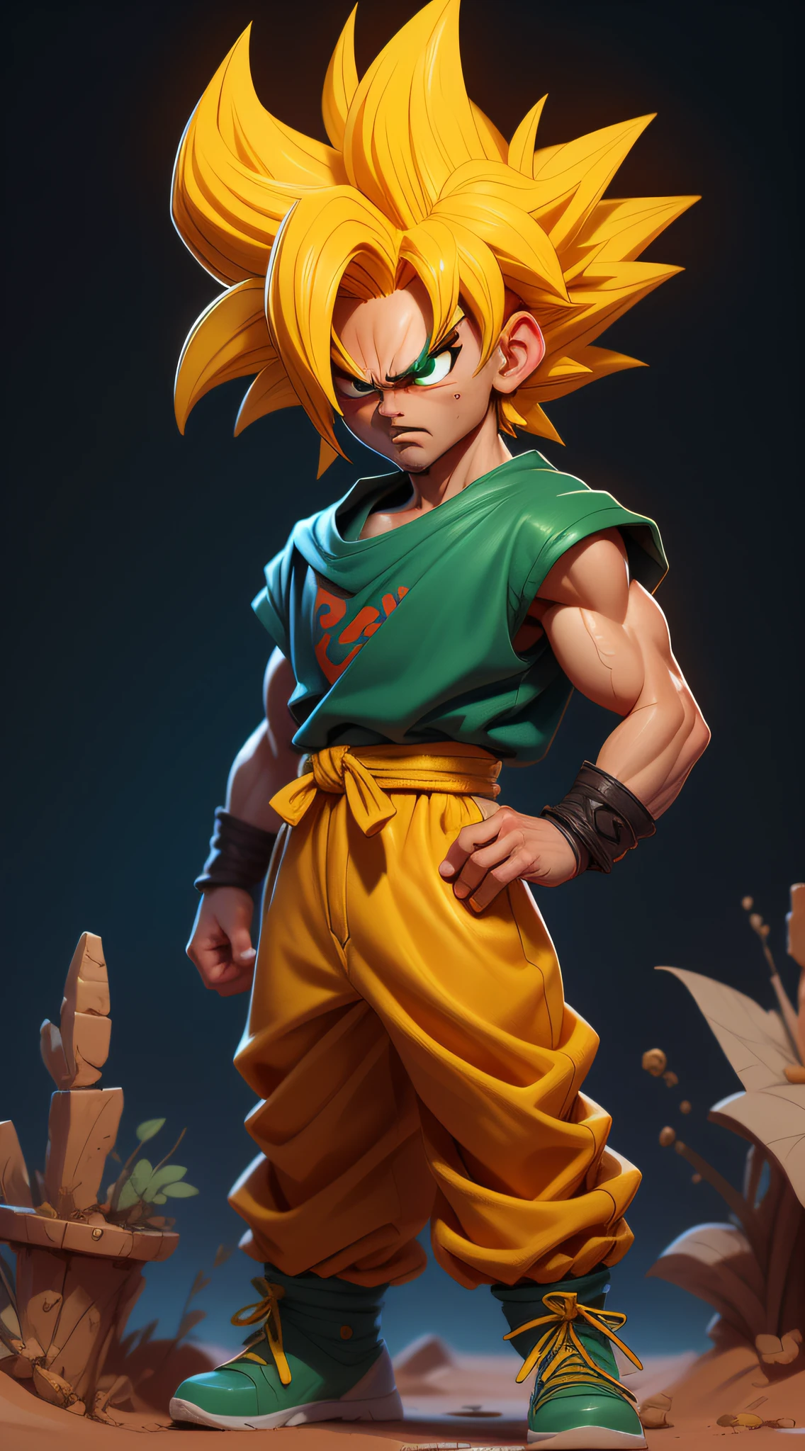 Goku, draw anime style by Akira Toriyama, high-detailed, green eyes, punky style, future clothes style, yellow hair, super saiyan, desert background, angry face, carefully elaborated, coherent world-building.