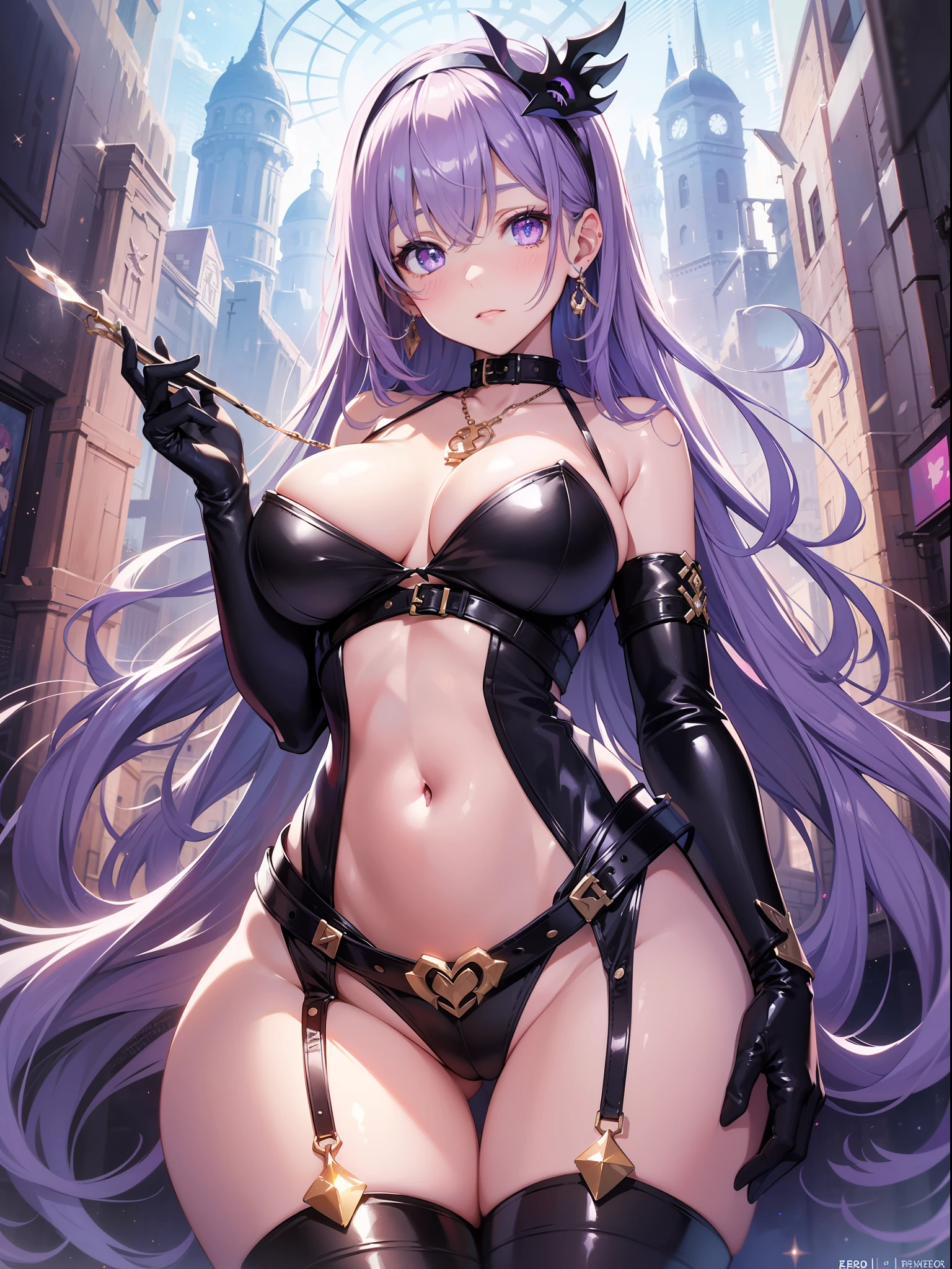 ((masterpiece)), ((best quality)), (ultra-detailed), ((kawaii)), cute, (lovely), ((sexy)), (ero), ((extremely detailed)), 4K, (8K), best quality, (beautiful), illustration, anime style, painting, dynamic angle, full body, look up from below, gradation, full body focus, castle, a cute girl, 1girl, solo, princess, beautiful purple hair, beautiful purple eyes, ((beautiful eyes)), white-skinned, long hair, large breast, gloves, horseshoe-shaped hairband, mask, earrings, necklace, cool, blush, sparkling effect, glitter effect, wind effect, shiny-glistening, gleaming
