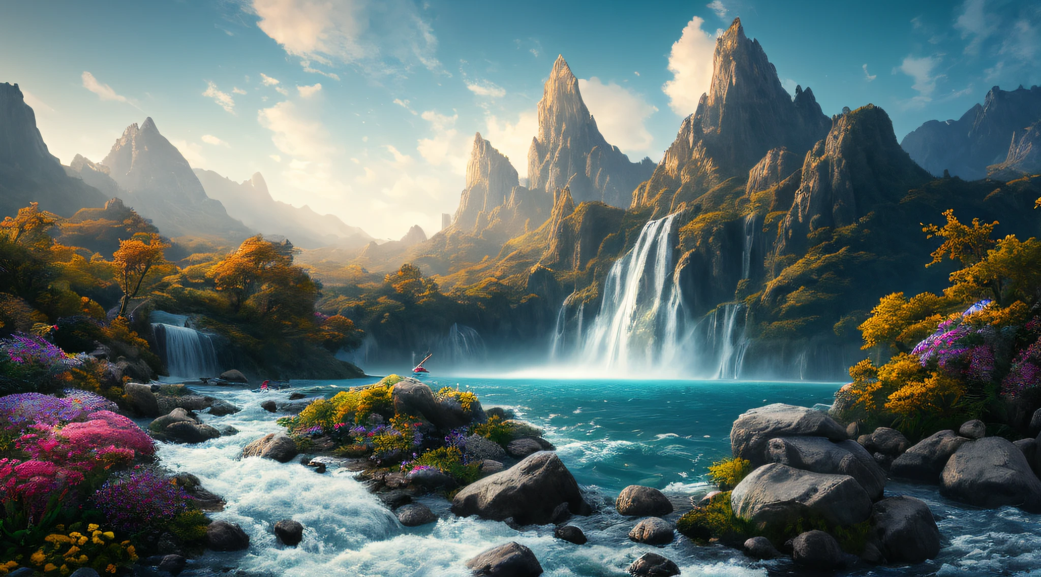 masterpiece, best quality, high quality, extremely detailed CG unity 8k wallpaper, scenery, outdoors,flower, cloud, day, no humans, mountain, landscape, water, tree, snowing, waterfall, cliff, nature, lake, river, snowflakes,award winning photography, Bokeh, Depth of Field, HDR, bloom, Chromatic Aberration ,Photorealistic,extremely detailed, trending on artstation, trending on CGsociety, Intricate, High Detail, dramatic, art by midjourney