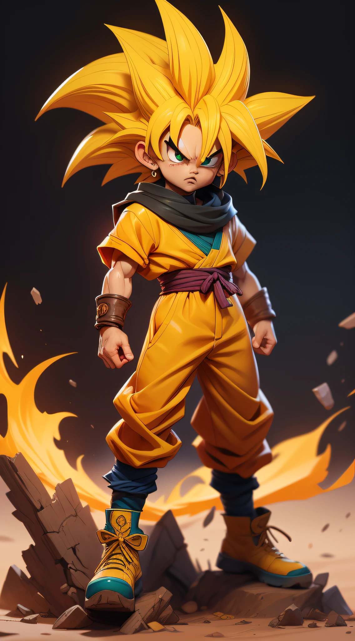 Goku, draw anime style by Akira Toriyama, high-detailed, green eyes, punky style, future clothes style, yellow hair, super saiyan, desert background, angry face, carefully elaborated, coherent world-building.