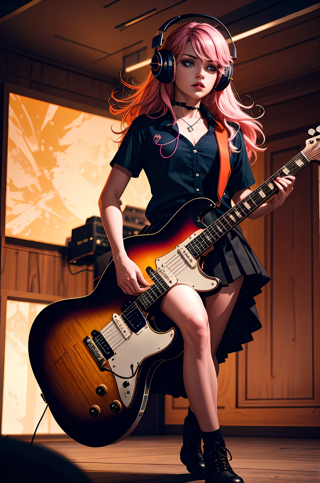 ((1girl)), ((cinematic light)), colorful, hyper detail, dramatic light, intricate details, best quality, (extremely detailed CG unity 8k wallpaper, masterpiece, best quality, ultra-detailed, best shadow), (detailed background:1.4), (beautiful detailed face, beautiful detailed eyes), High contrast, (best illumination, an extremely delicate and beautiful),(girl:1.5), solo, black skirt, blue eyes, electric guitar, guitar, headphones, holding, holding plectrum, instrument, long hair, music, one side up, pink hair, playing guitar, pleated skirt, black shirt, indoors ((caustic)), dynamic angle,beautiful detailed glow,full body, cowboy shot,