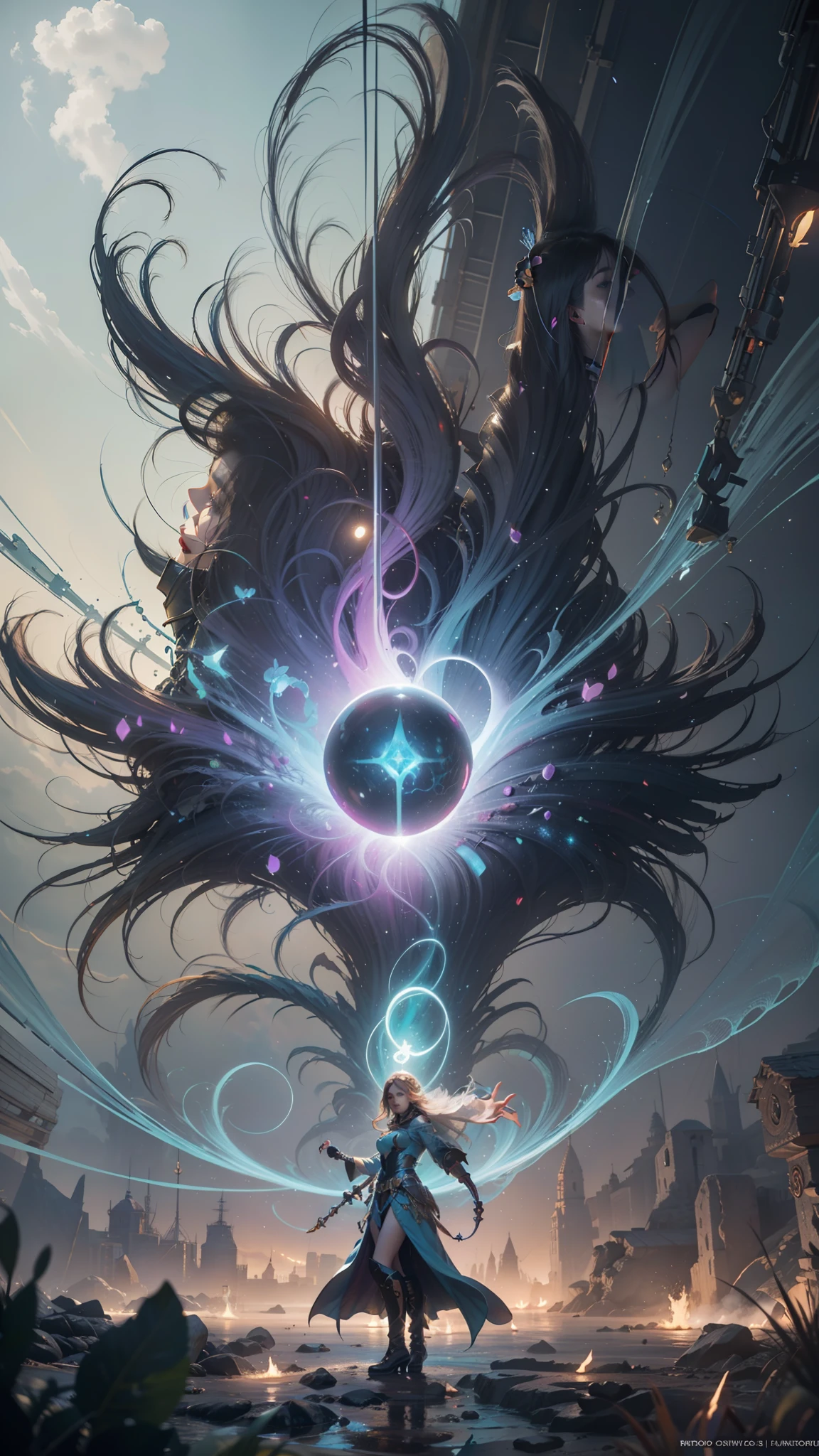 (Digital artwork:1.3)(a sketch:1.1)Octane renders a mysterious dense forest,(((Multiple circular magic halo inserts come together again))),(Staff),Colored Philosopher's Stone,((The magician beauty stands in a complex aura of magic)),(There are super complex runes in the aura),Shoot at 8K resolution,Gasoline liquid,muted colors,A Splash Art,Blue and purple magic universe,Lithography in intricate details,(Light particles:1.2),(game concept:1.3),(depthoffield:1.3),Global illumination,well detailed,Trends on ArtStation