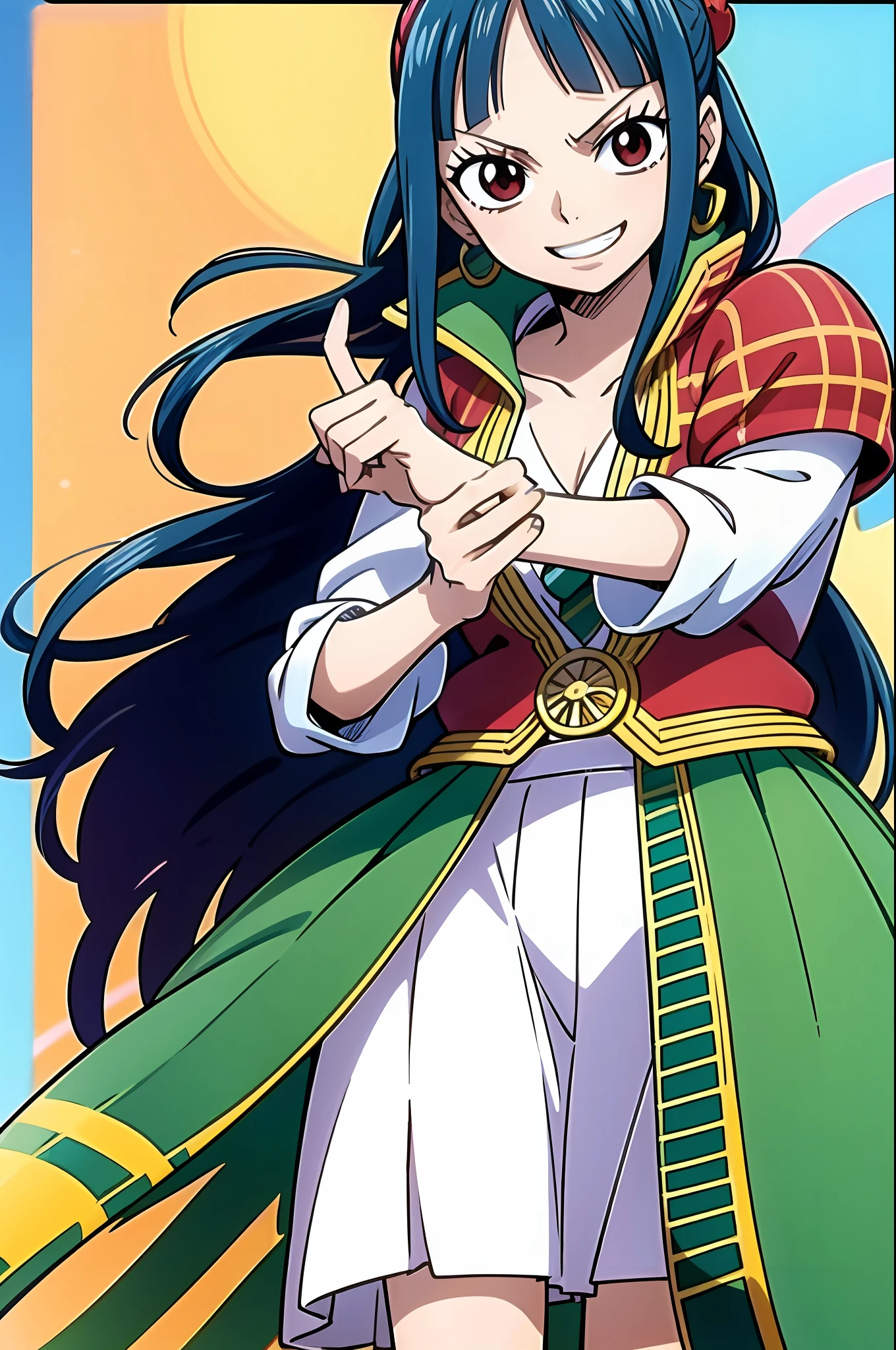 light smile, girl attire, white blouse with yellow jacket, green striped tie, red plaid skirt, red eyes and red hair in a twin ponytail, (style of one piece and fairy tail anime), (illustrated by Eiichiro Oda and Hiro Mashima), (style mixing), Lucy Heartfilia, Nico Robin