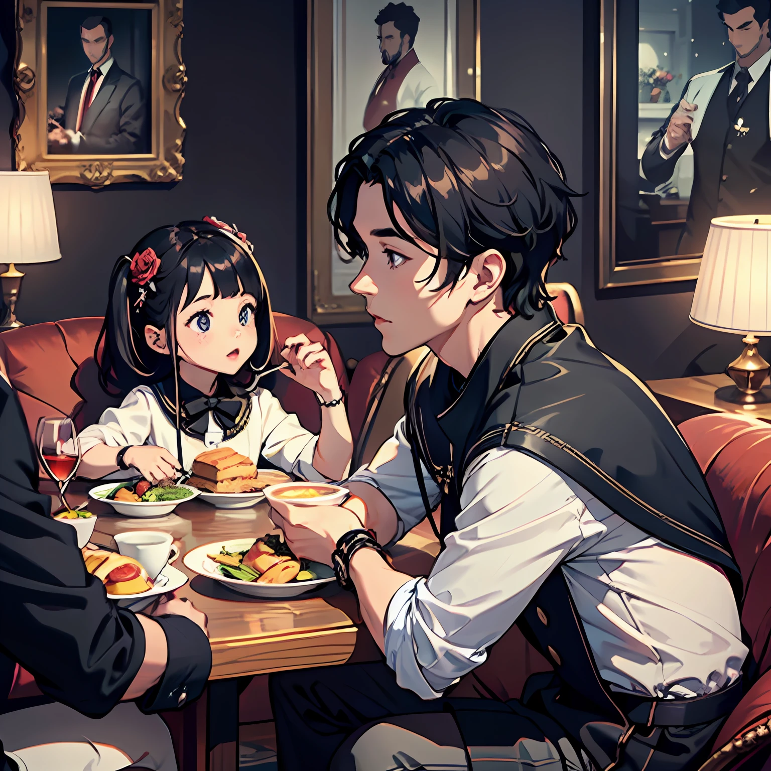 Luxurious living room,A three-year-old girl,Dine with a group of handsome guys,Dressed gorgeously