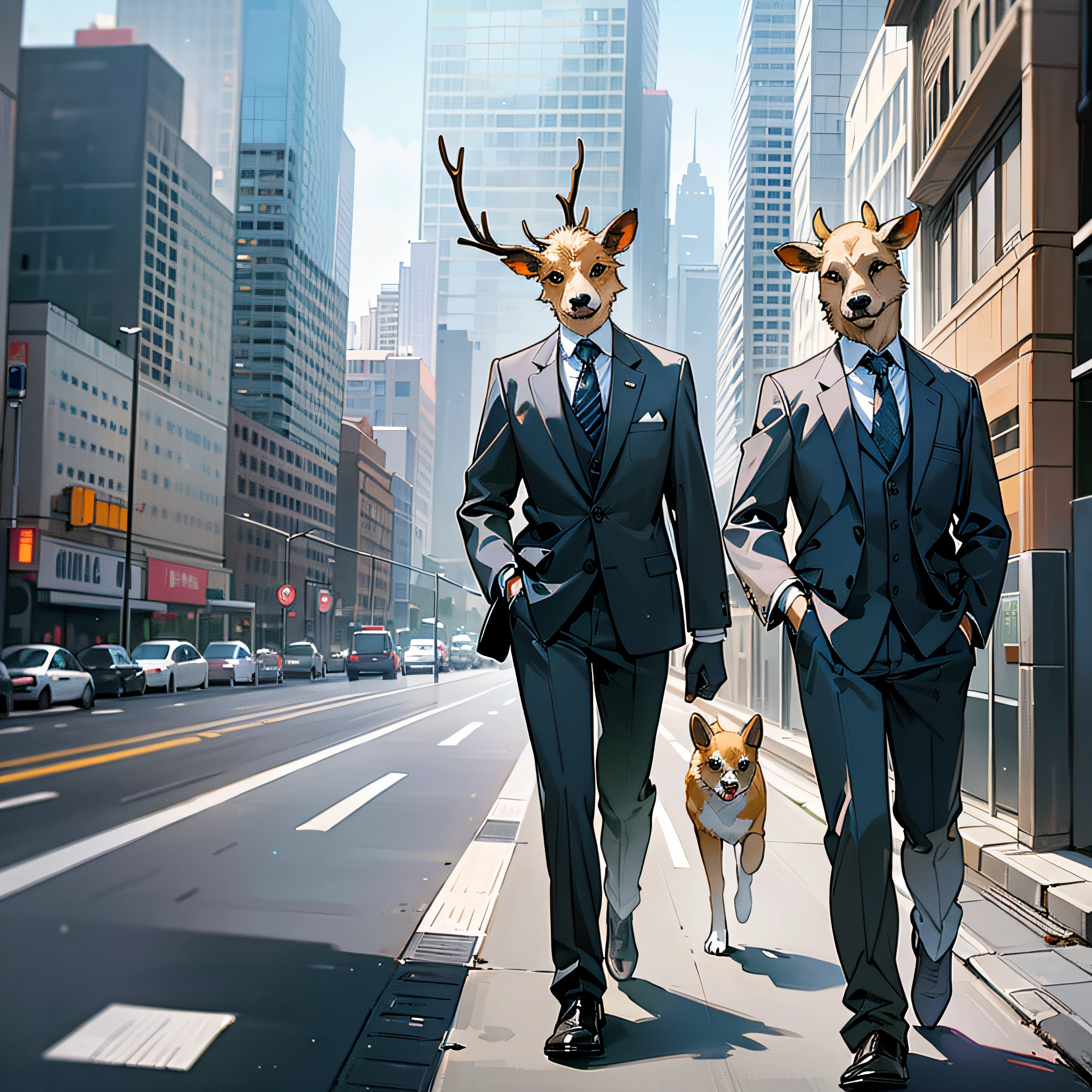 Create an illustration of a kangaroo wearing a suit and tie, Carrying a folder and walking around the city with a certain expression. fundo png --auto