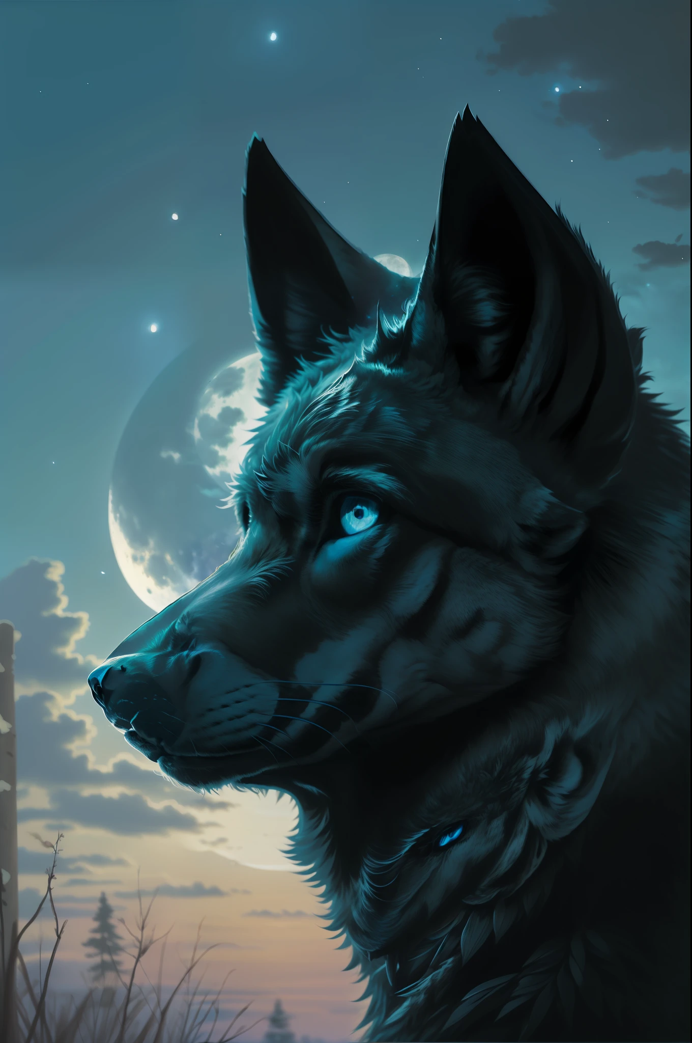(Masterpiece detailed high image quality) "Black color with blue eyes" wolf dangerous forest, midnight, full moon. 1 solo lobe. ( Front angle of image)