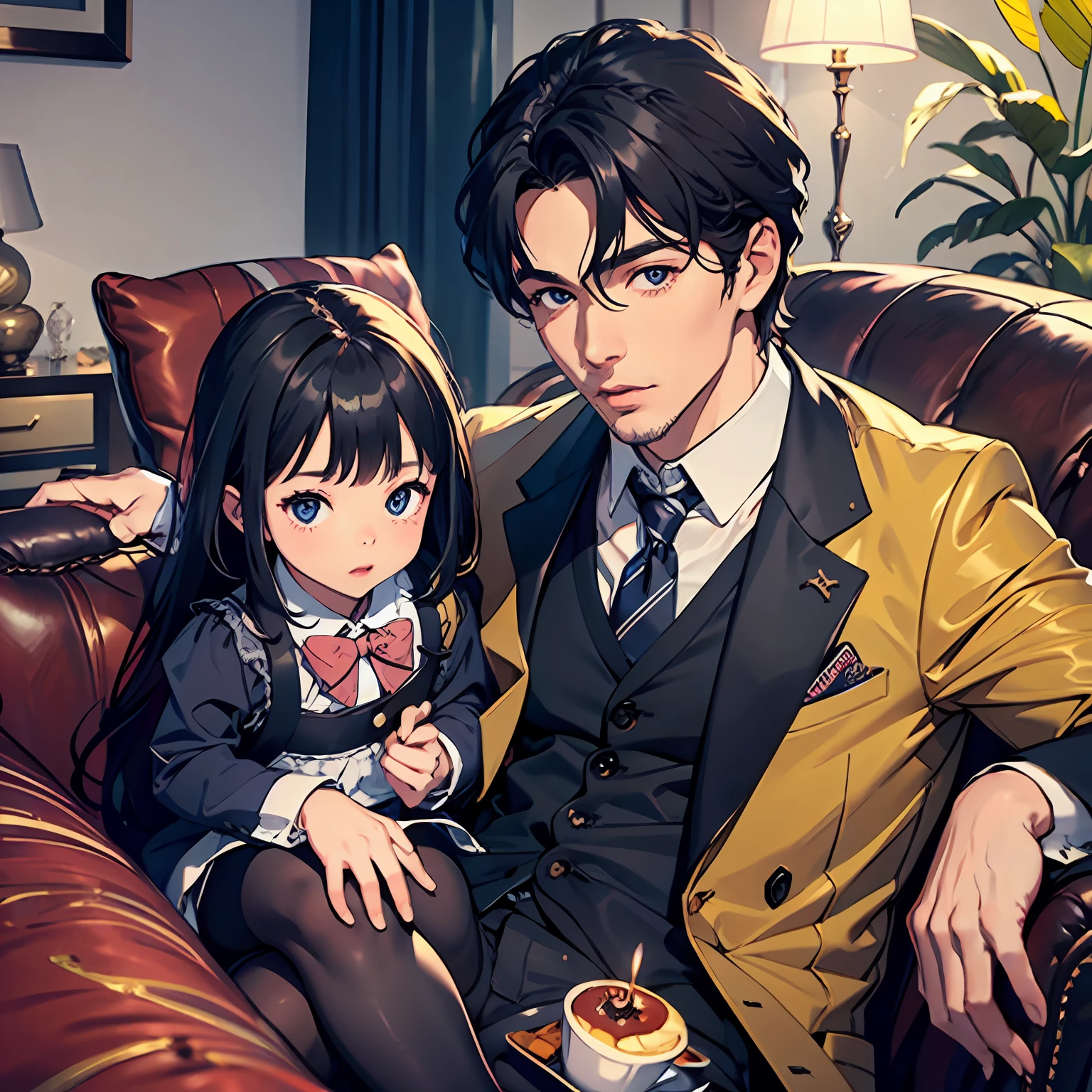 Luxurious living room,A three-year-old girl,Dine with a group of handsome guys,Dressed gorgeously,sitted,half-body