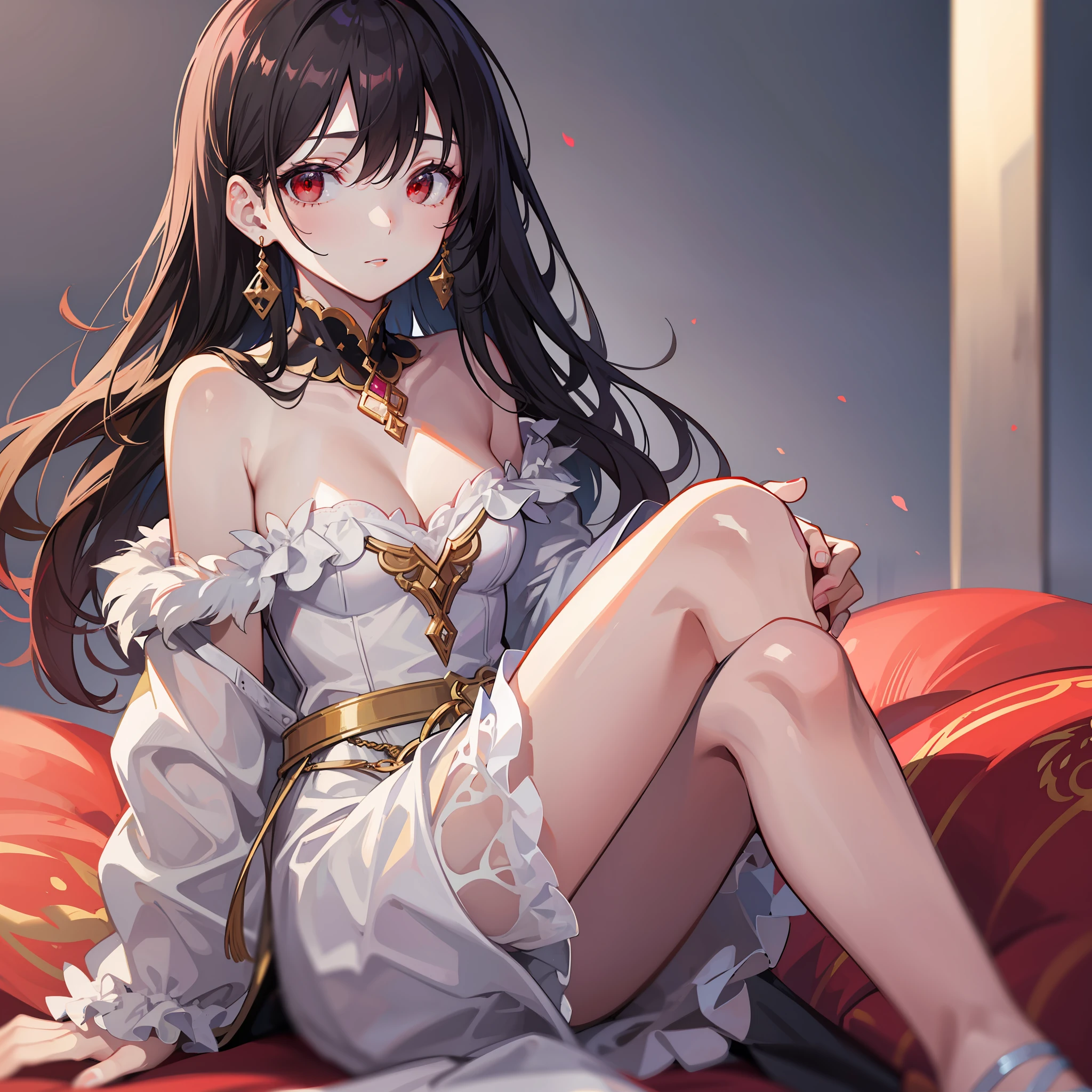 (masterpiece), best quality, an extremely delicate and beautiful, off-shoulder fluffy clothes, sitting position, red eyes, blurred background.