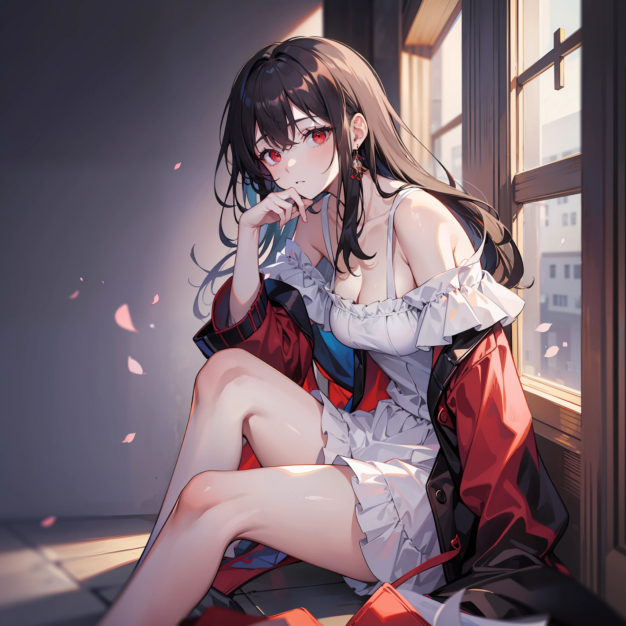 (masterpiece), best quality, an extremely delicate and beautiful, off-shoulder fluffy clothes, sitting position, red eyes, blurred background.