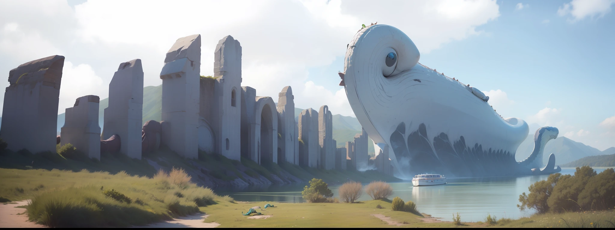 giant catapillar,lake,blue sky --auto