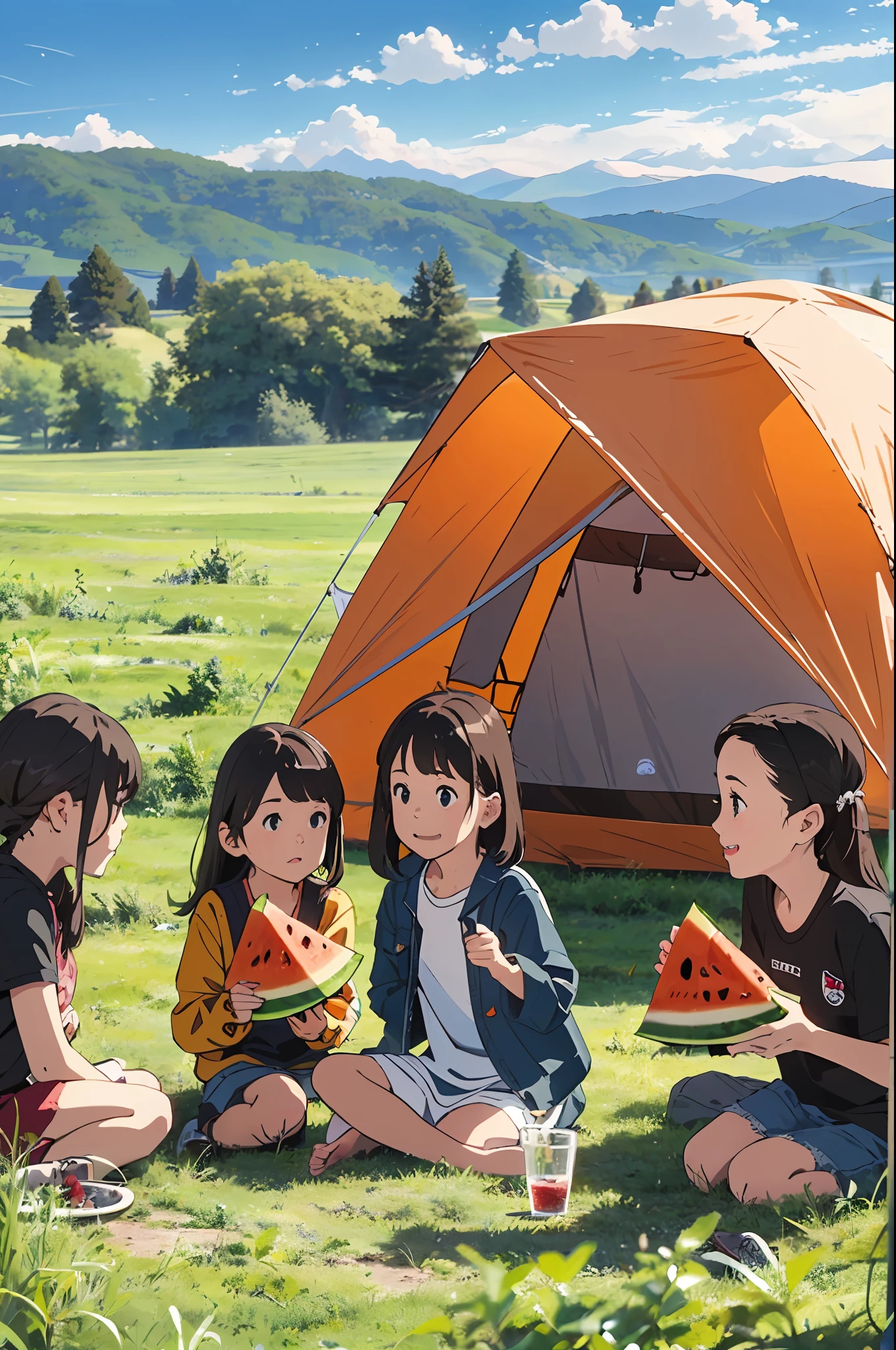 Green meadows,camping,An orange tent,Nice scenery in the distance,blue sky with white clouds ,3 cute s eating watermelon