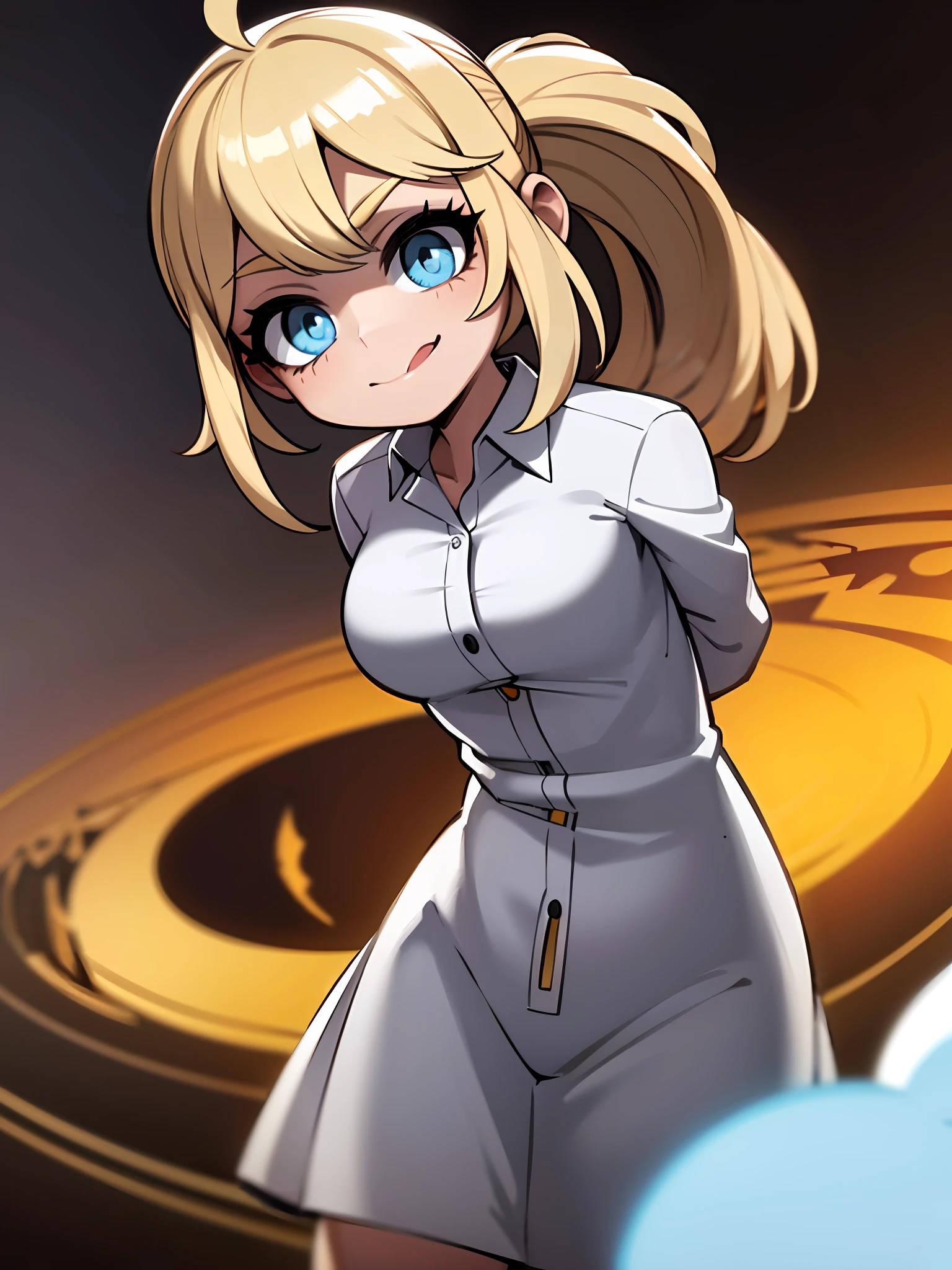 ((obra-prima, melhor qualidade)), (1Menina), (somente), (Foco feminino), (Ahoge, Cabelo branco, cabelo curto), olhos pretos, sorriso claro, stick out tongue, seios grandes, coxas grandes, bunda grande ((camisa branca), (camisa abotoada), (button gap)), ((Saia preta), (Saia Curta)), On her feet, fundo branco, arms behind back, dynamic angle