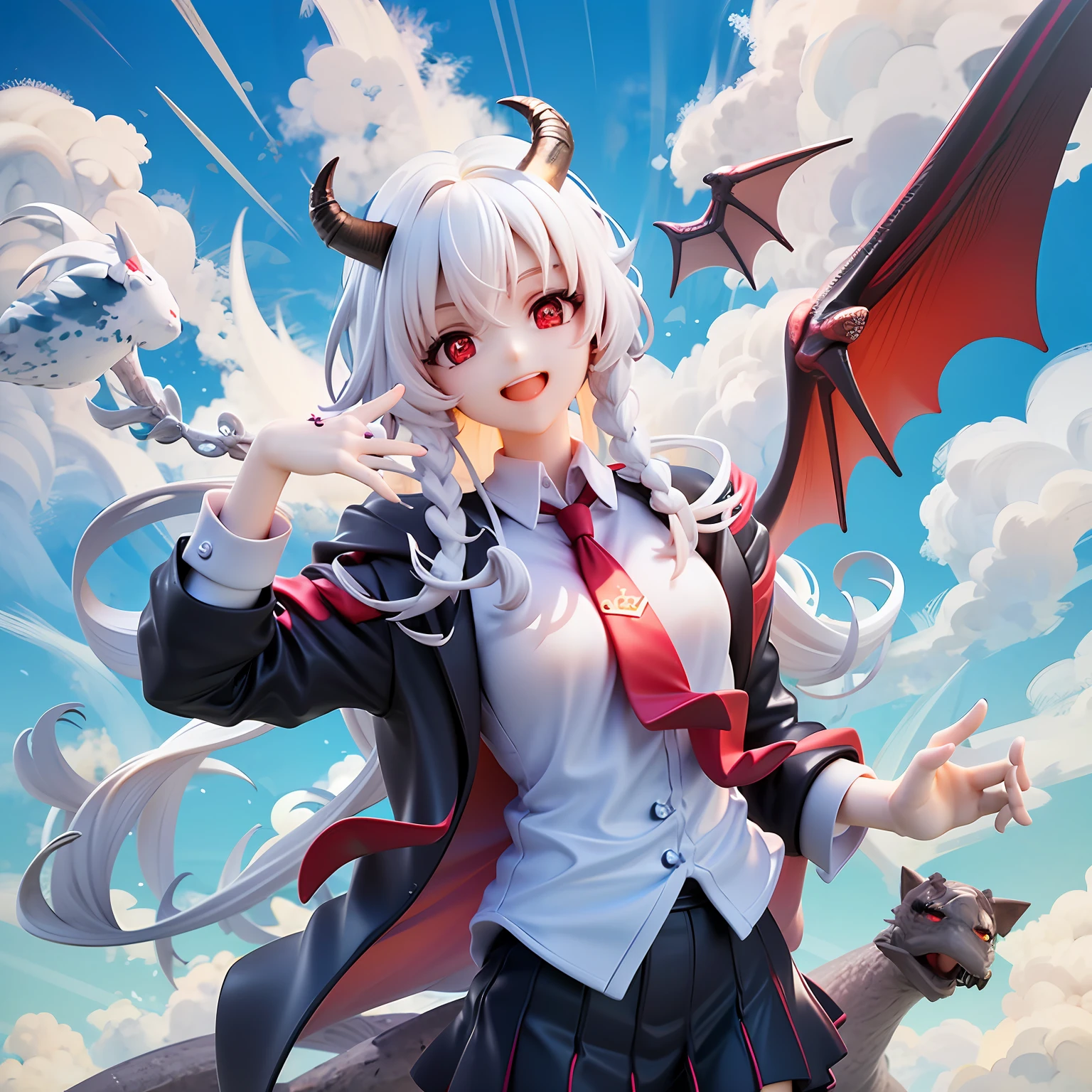 1girl, Red eyes、Sharp eye light、red necktie、Black jacket、White shirt、Black miniskirt、Student uniforms、Sorrisos、White hair、Braids、Dragon Wings、Dragon's horn、Dragon's tail、Naturally、blue skies、white clouds、Mystical light, upper body, angle from above