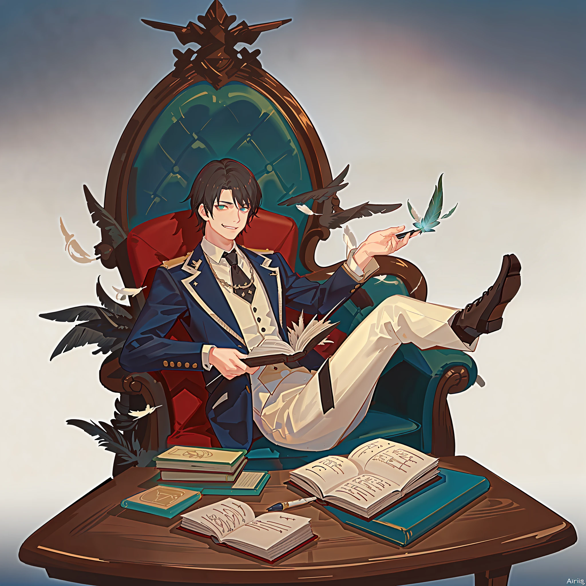 (Golden Ratio:1.2),[(black background:1.4)::10],(masterpiece), (best quality), (ultra detailed),(disheveled hair),(illustration),(1 boy:1.3),mature male,large breasts,brown hair,short prickly hair,cross bangs,grin,black teeths,(British gentleman clothing:1.3)+(flying fantasy cyan feather pen:1.3)+(huge open book:1.3),the fanstay feather pen writing in the open book,indoor,((big library:1.2)),(athletic body:1.2),(Sitting in a big chair and put your feet on the long wooden table:1.2)+(A mountain of grimoires piled up:1.3)+[(Inception:1.2)]