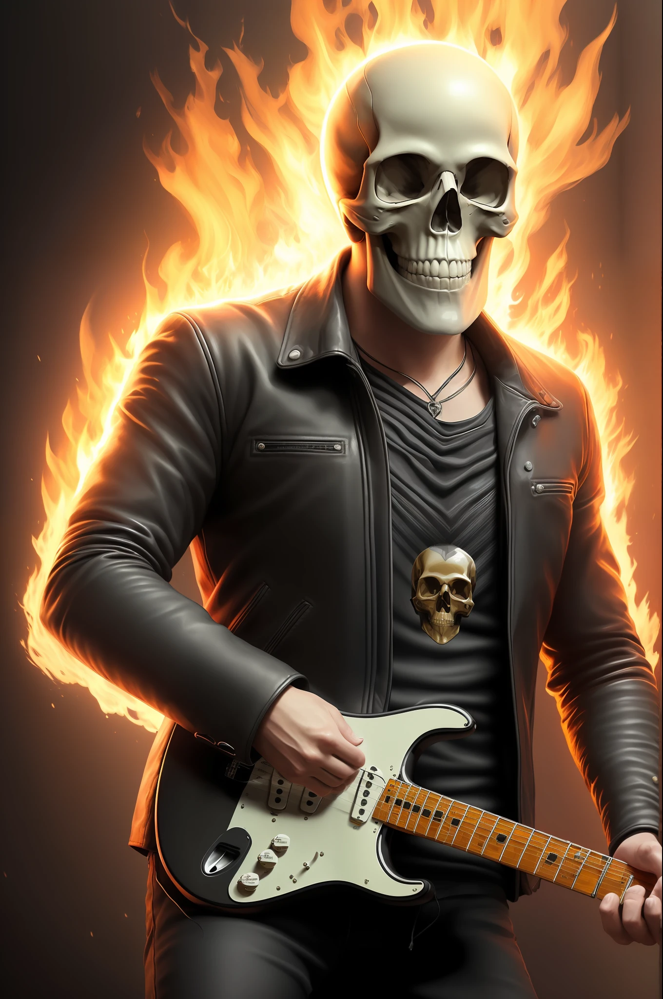 ((best quality)), ((masterpiece)), ((realistic)), (detailed), (Man with skull instead of a head:1.2), ((playing the electric stratocaster guitar)), (wearing the black leather jacket), flames, (metalhead, rock and roll), detailed digital art, trending on artstation, concept art, unreal engine, hyper detailed, volumetric light, moody cinematic epic concept art, realistic matte painting, cinematic epic, insanely detailed, , ((masterpiece)), absurdres, HDR