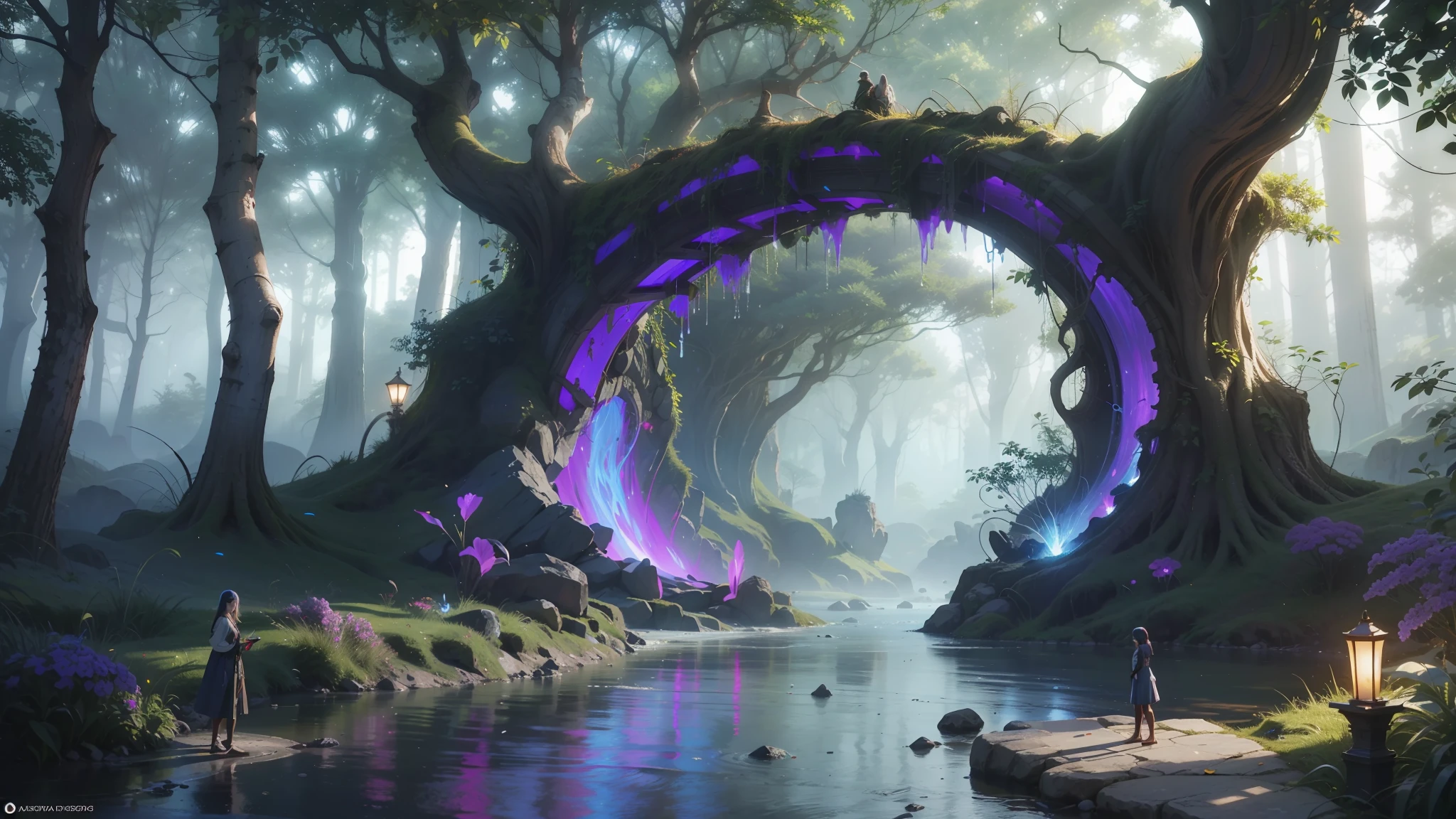 （Digital artwork：1.3）（a sketch：1.1）Octane renders a mysterious dense forest，（（（Multiple circular magic halo inserts come together again））），（Staff），Colored Philosopher's Stone，（（The magician beauty stands in a complex aura of magic）），（There are super complex runes in the aura），Shoot at 8K resolution，Gasoline liquid，muted colors，A Splash Art，Blue and purple magic universe，Lithography in intricate details，（Light particles：1.2），（game concept：1.3），（depthoffield:1.3),Global illumination,well detailed,Trends on ArtStation