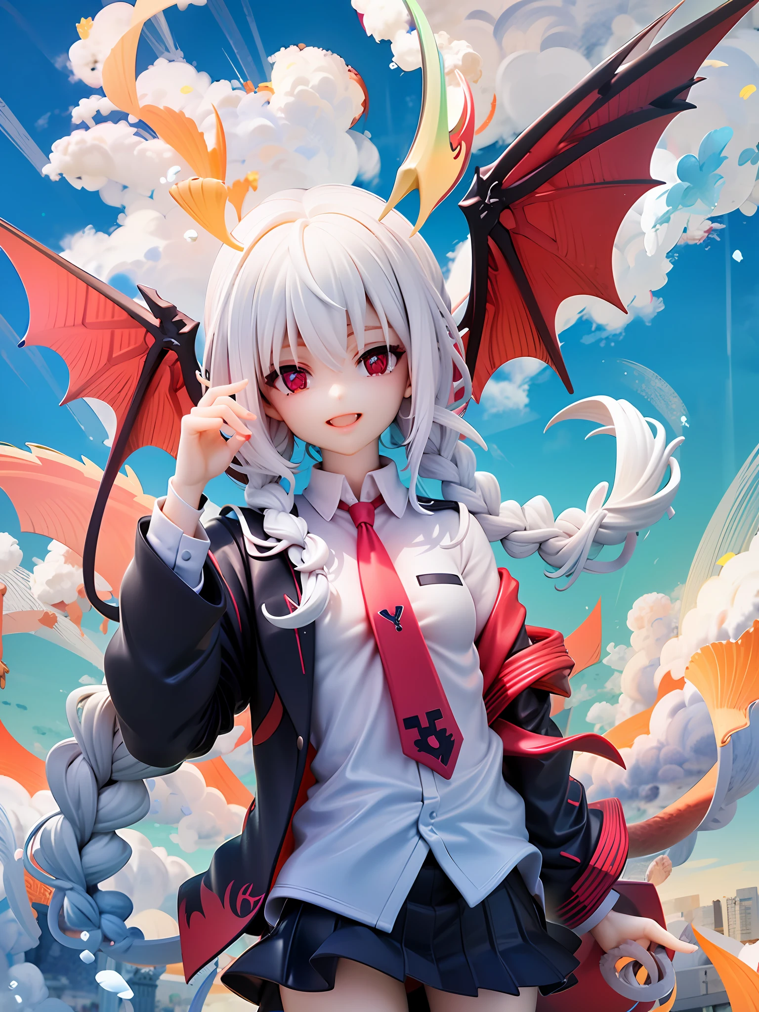 1girl, Red eyes、Sharp eye light、red necktie、Black jacket、White shirt、Black miniskirt、Student uniforms、Sorrisos、White hair、Braids、Dragon Wings、Dragon's horn、Dragon's tail、Naturally、blue skies、white clouds、Mystical light, upper body, angle from above