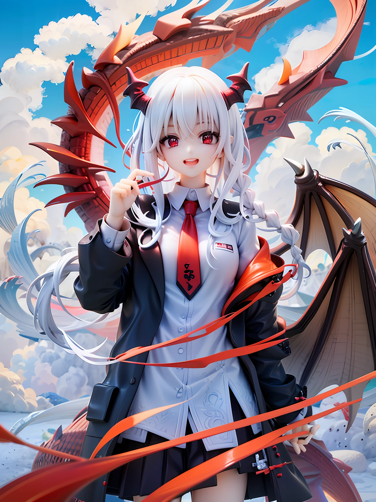 1girl, Red eyes、Sharp eye light、red necktie、Black jacket、White shirt、Black miniskirt、Student uniforms、Sorrisos、White hair、Braids、Dragon Wings、Dragon's horn、Dragon's tail、Naturally、blue skies、white clouds、Mystical light, upper body, angle from above