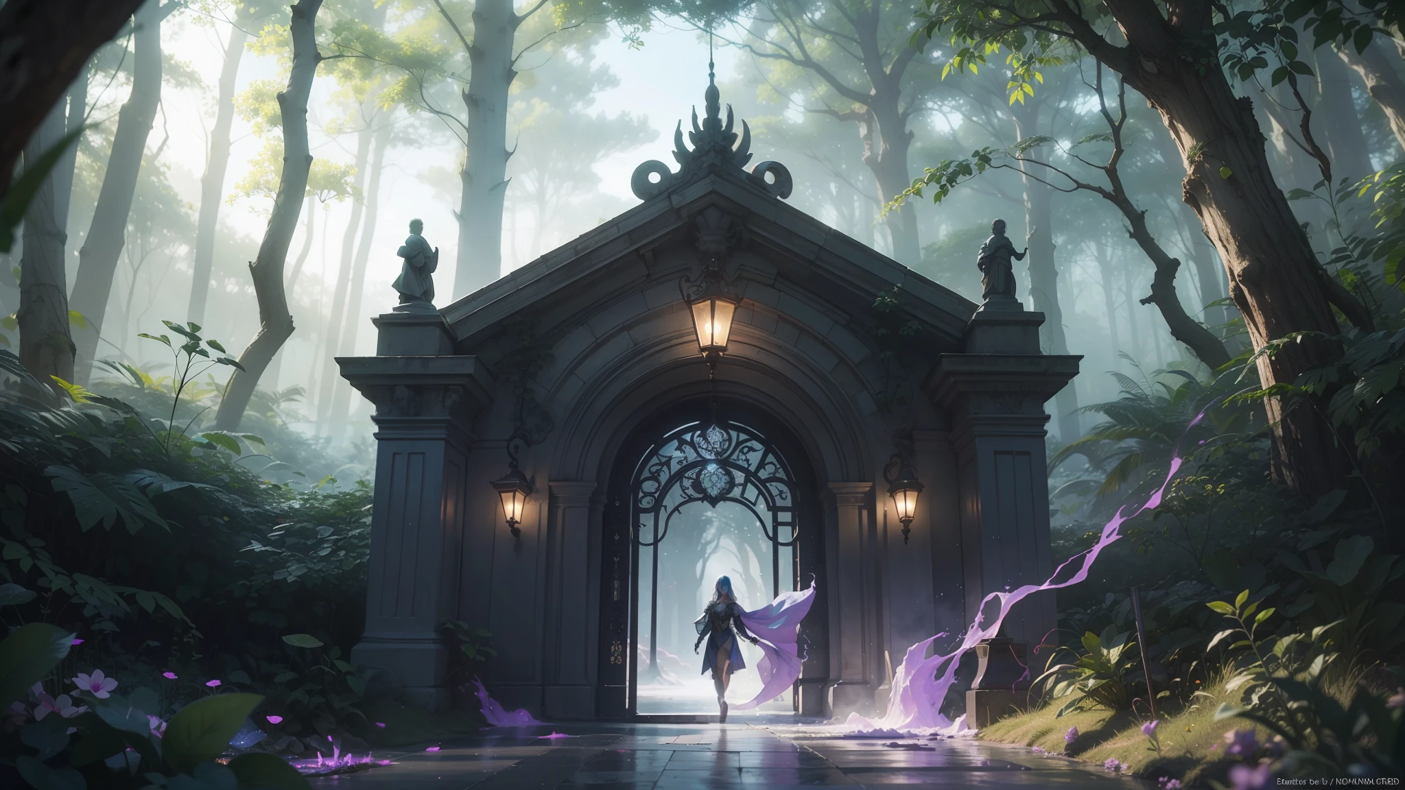 （Digital artwork：1.3）（a sketch：1.1）Octane renders a mysterious dense forest，（（（Multiple circular magic halo inserts come together again））），（Staff），Colored Philosopher's Stone，（（The magician beauty stands in a complex aura of magic）），（There are super complex runes in the aura），Shoot at 8K resolution，Gasoline liquid，muted colors，A Splash Art，Blue and purple magic universe，Lithography in intricate details，（Light particles：1.2），（game concept：1.3），（depthoffield:1.3),Global illumination,well detailed,Trends on ArtStation