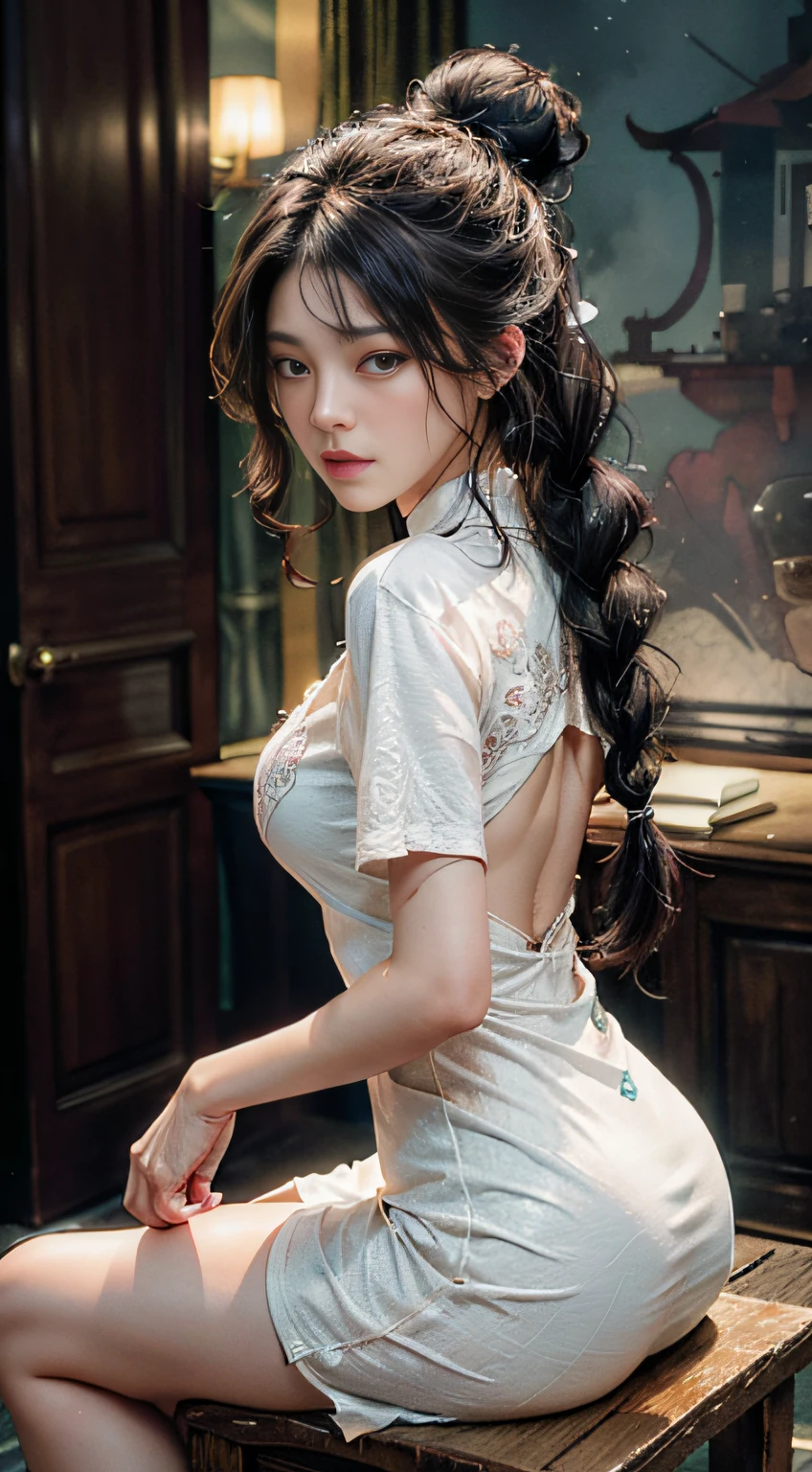 Art is、Decorated with intricate patterns and bright colors,、Traditional oriental gown with flowing silk、It depicts an attractive woman dressed in white silk。Her dress draped elegantly over her curvaceous figure、Highlights her seductive silhouette。(Complex large white embroidered dress in the cleavage of the dress)、(The chest is used a lot of lace)、She sits gracefully on a quiet moonlit night、I was bathed in the soft light of the moonlight.。The scene is、With a mysterious and sexy touch、It exudes an ethereal dreamy atmosphere。Graphic style is、Blending watercolor and digital illustration techniques、It evokes a refined beauty and charm。The lights are filled with soft moonlight、Casting soft highlights and shadows on her charming features。(Bare thighs)、Wearing a tight translucent short dress、a large breast、Three-dimensional facial features、sitting on、Upturned legs、4k、8k、Raw photography、beste Quality、(curly hair in black and long braids、Bun1)、highly resolution、High-quality photos、intricate、(Breast exposure、Cleavage small breasts)、Pensive expression、Melancholy、(Wearing a white and ultra-short dress、Slit to the side)、back shots、view from back、Full view of pants