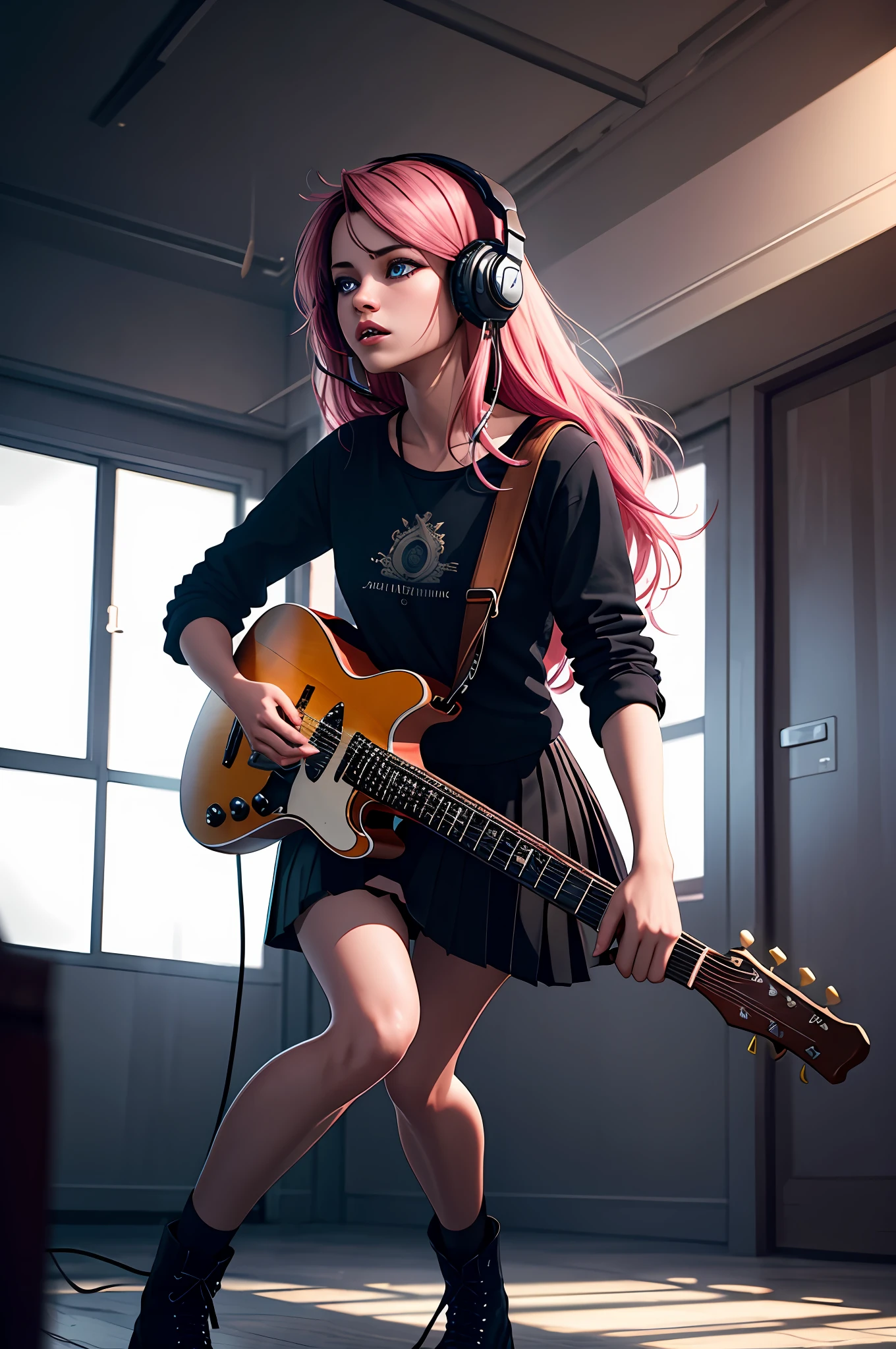 ((1girl)), ((cinematic light)), colorful, hyper detail, dramatic light, intricate details, best quality, (extremely detailed CG unity 8k wallpaper, masterpiece, best quality, ultra-detailed, best shadow), (detailed background:1.4), (beautiful detailed face, beautiful detailed eyes), High contrast, (best illumination, an extremely delicate and beautiful),(girl:1.5), solo, black skirt, blue eyes, electric guitar, guitar, headphones, holding, holding plectrum, instrument, long hair, music, one side up, pink hair, playing guitar, pleated skirt, black shirt, indoors ((caustic)), dynamic angle,beautiful detailed glow,full body, cowboy shot,