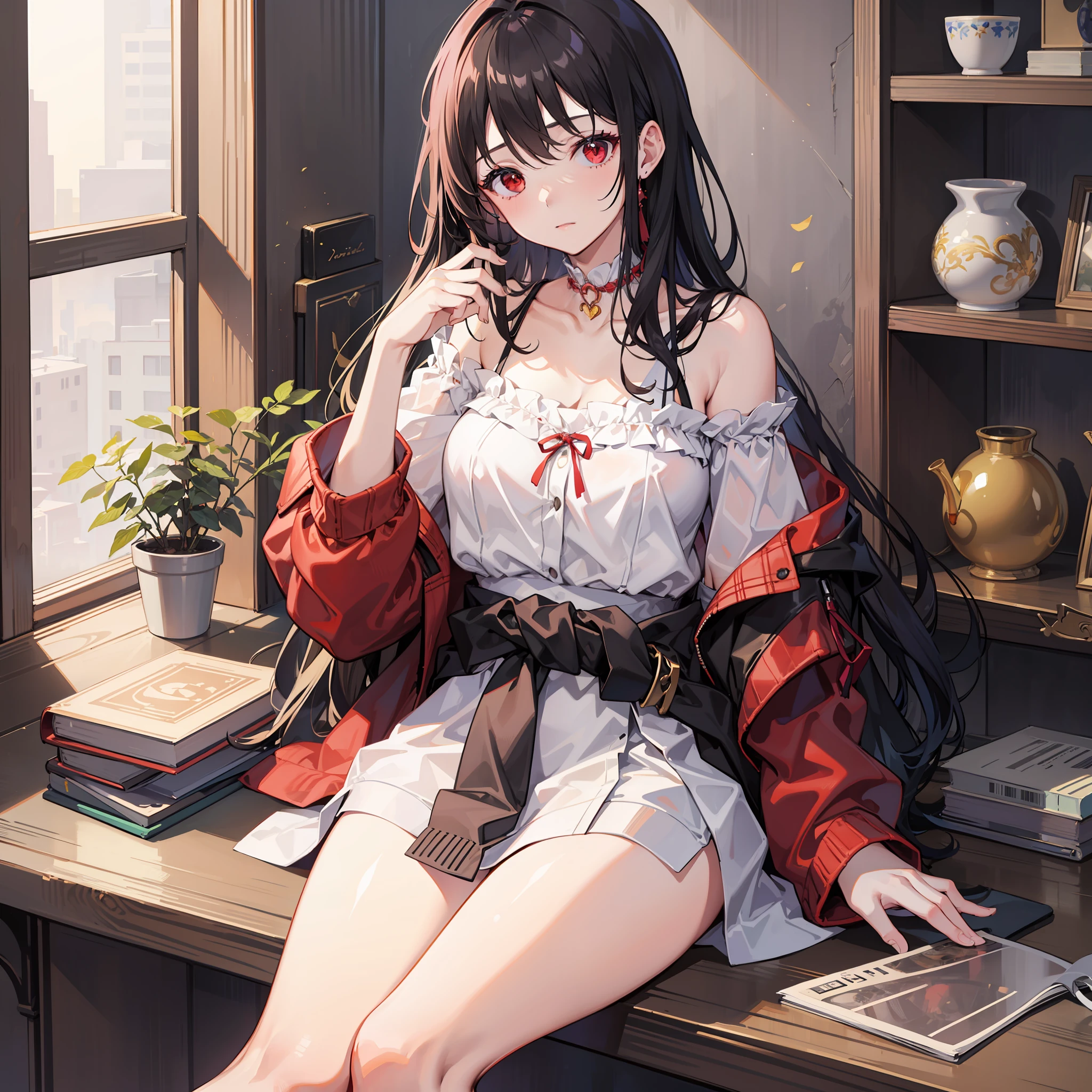 1girl, red eyes, one girl, fluffy clothes, off-shoulder, sitting, masterpiece, best quality,clothes around waist