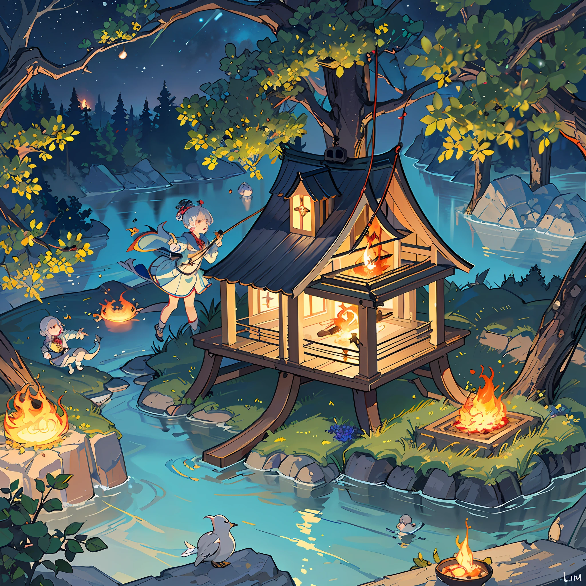 best qualitiy、masterspiece、The highly detailed、detailed backgorund、アニメ、Magical world、flame magic、water magic、The magic of trees、light magic、Dark Magic、A world of five magics mixed、1Man's Apprentice Magical Girl、Practicing the magic of trees、Huge clock tower in the background、Floating clock tower、night landscape、Small cute spirits(flames、The tree、waters、Lumiere、yami)is conversing near the girl
