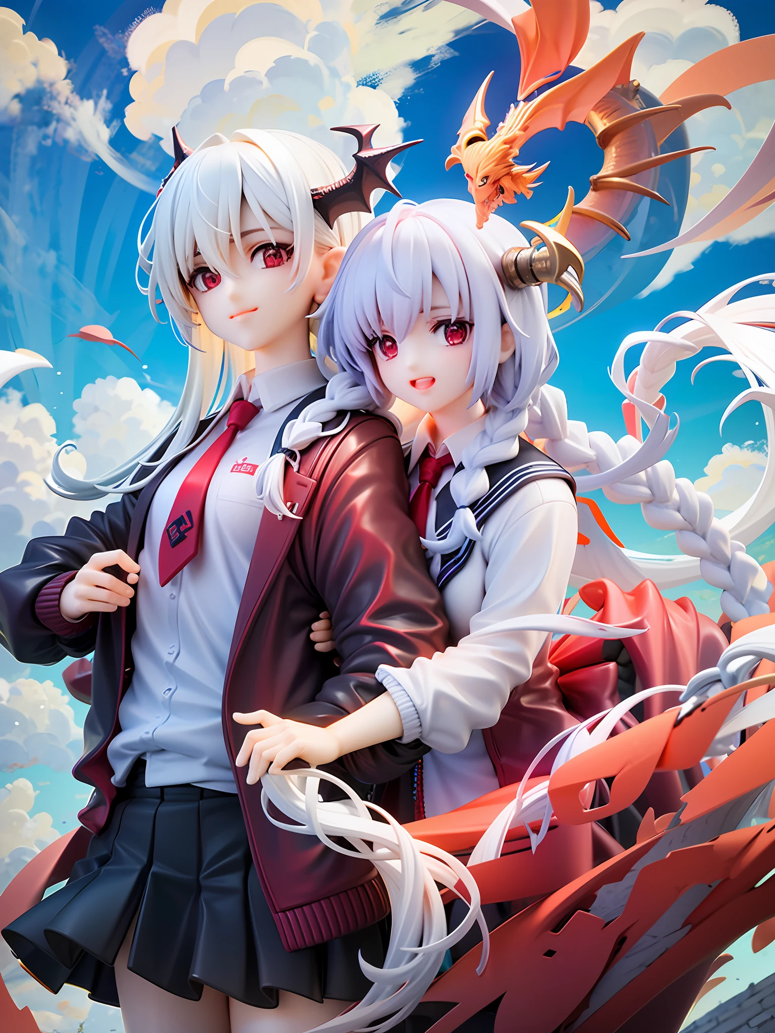 2girls, Red eyes、Sharp eye light、red necktie、Black jacket、White shirt、Black miniskirt、Student uniforms、Sorrisos、White hair、Braids、Dragon Wings、Dragon's horn、Dragon's tail、Naturally、blue skies、white clouds、Mystical light, upper body, angle from above