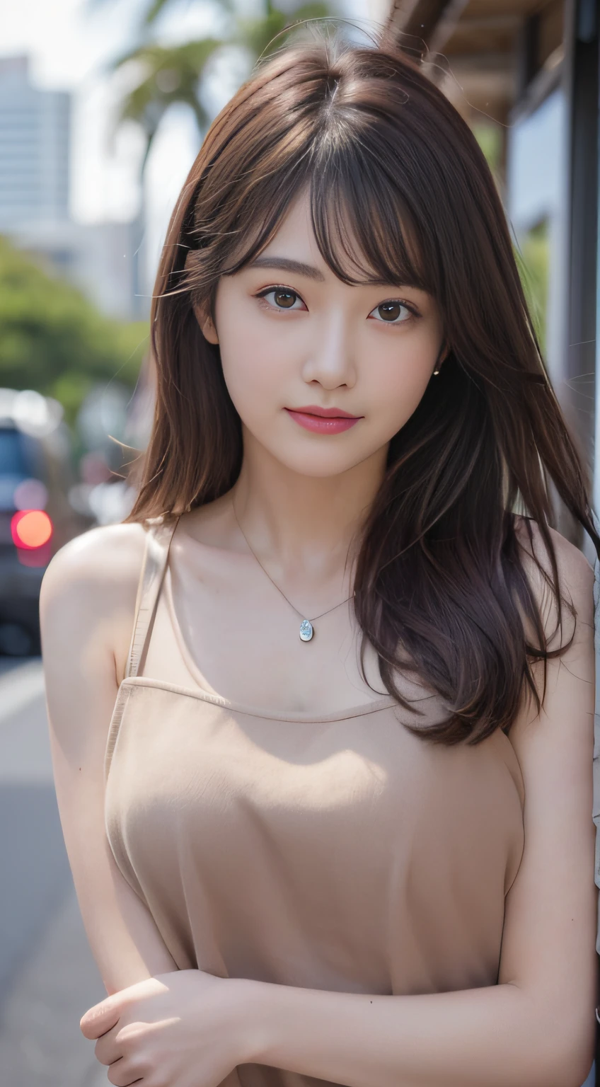 ((Realistic lighting、beste Quality、8K、Master Masterpiece:1.3))、Clear focus:1.2、 a  girl、Perfect Body Beauty:1.4、Slim abs:1.1、a whole body、((darkbrown hair、a large breast:1.3))、(Acceleration:1.4)、(al fresco、Daylight:1.1)、View of Waikiki Beach、Palm Tree、slender face、Fine eyes、Double eyelidd、poses of fashion models、Floating hair、T‐shirt、Pendants、Angel Smile、Smile of shame