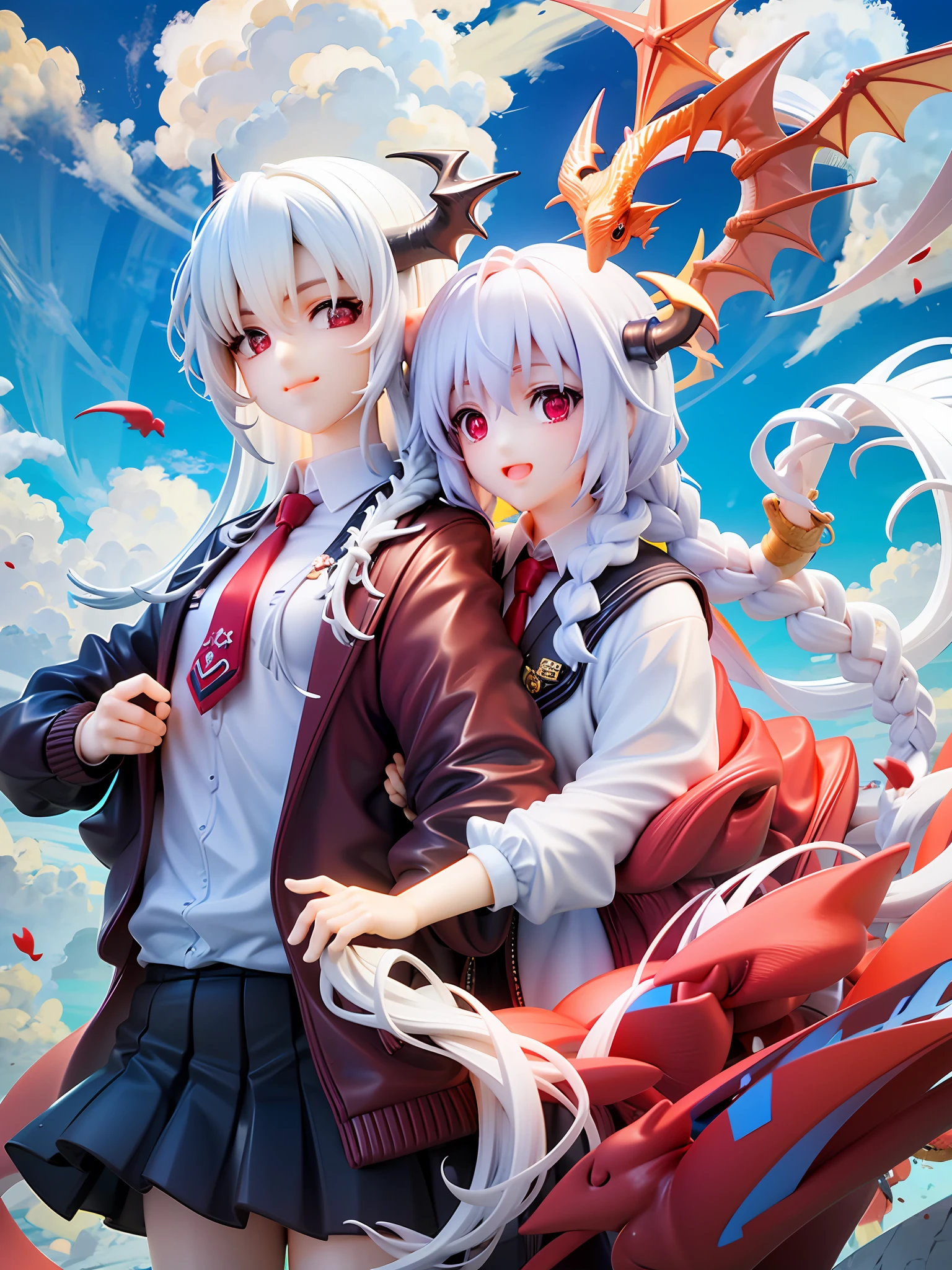 2girls, Red eyes、Sharp eye light、red necktie、Black jacket、White shirt、Black miniskirt、Student uniforms、Sorrisos、White hair、Braids、Dragon Wings、Dragon's horn、Dragon's tail、Naturally、blue skies、white clouds、Mystical light, upper body, angle from above