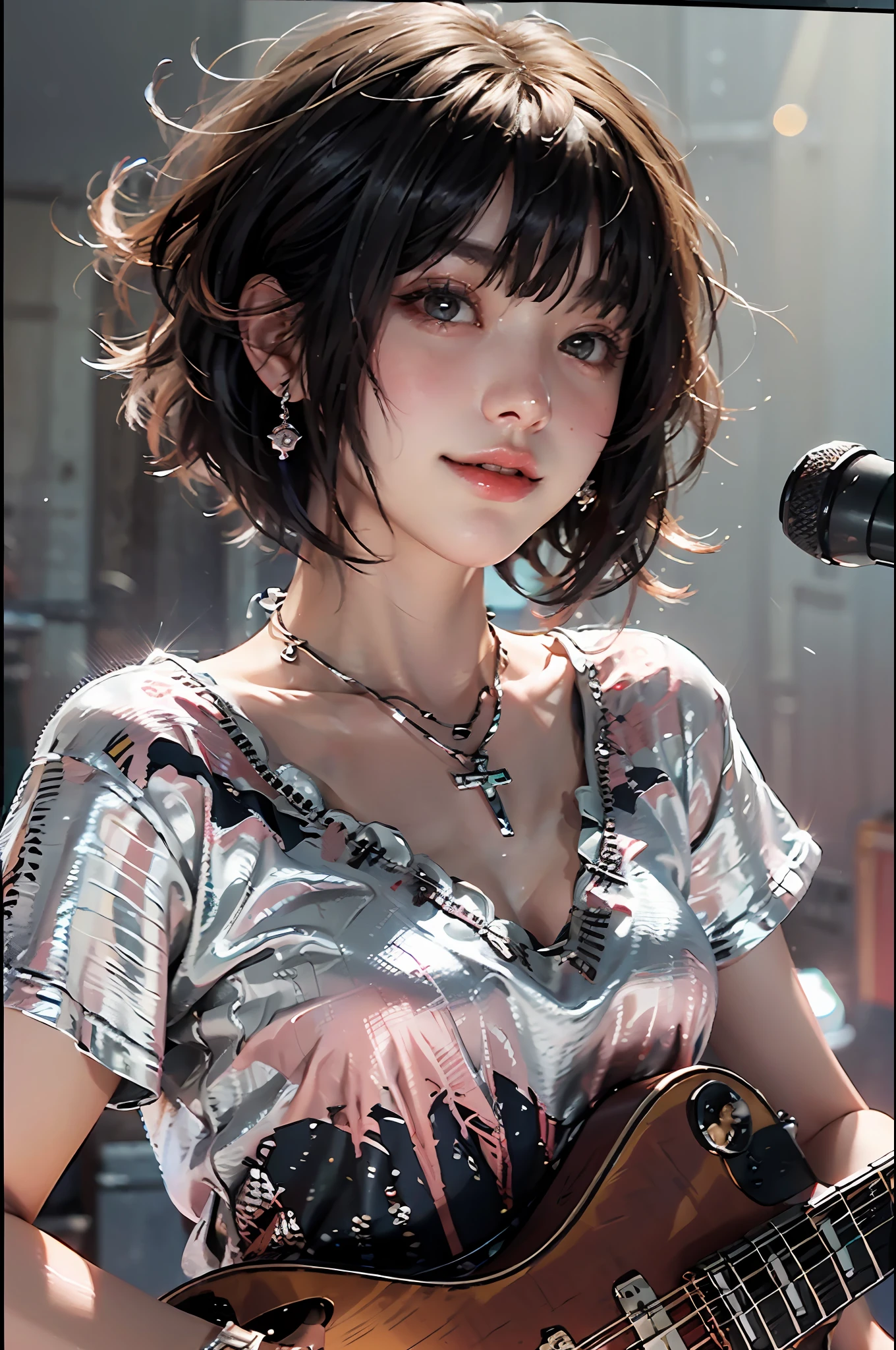 Top Quality, Masterpiece, Ultra High Definition, (Photorealistic: 1.4), Raw photo, Cowboy shot, Charming smiling girl playing electric guitar on live stage, (dynamic pors), Short hair, Red gradient hair, Asymmetrical bangs, Bob cut Bob cut, Cross Petit pendant necklace, Earrings, White punk rock costume, Colorful live lighting, Spotlight