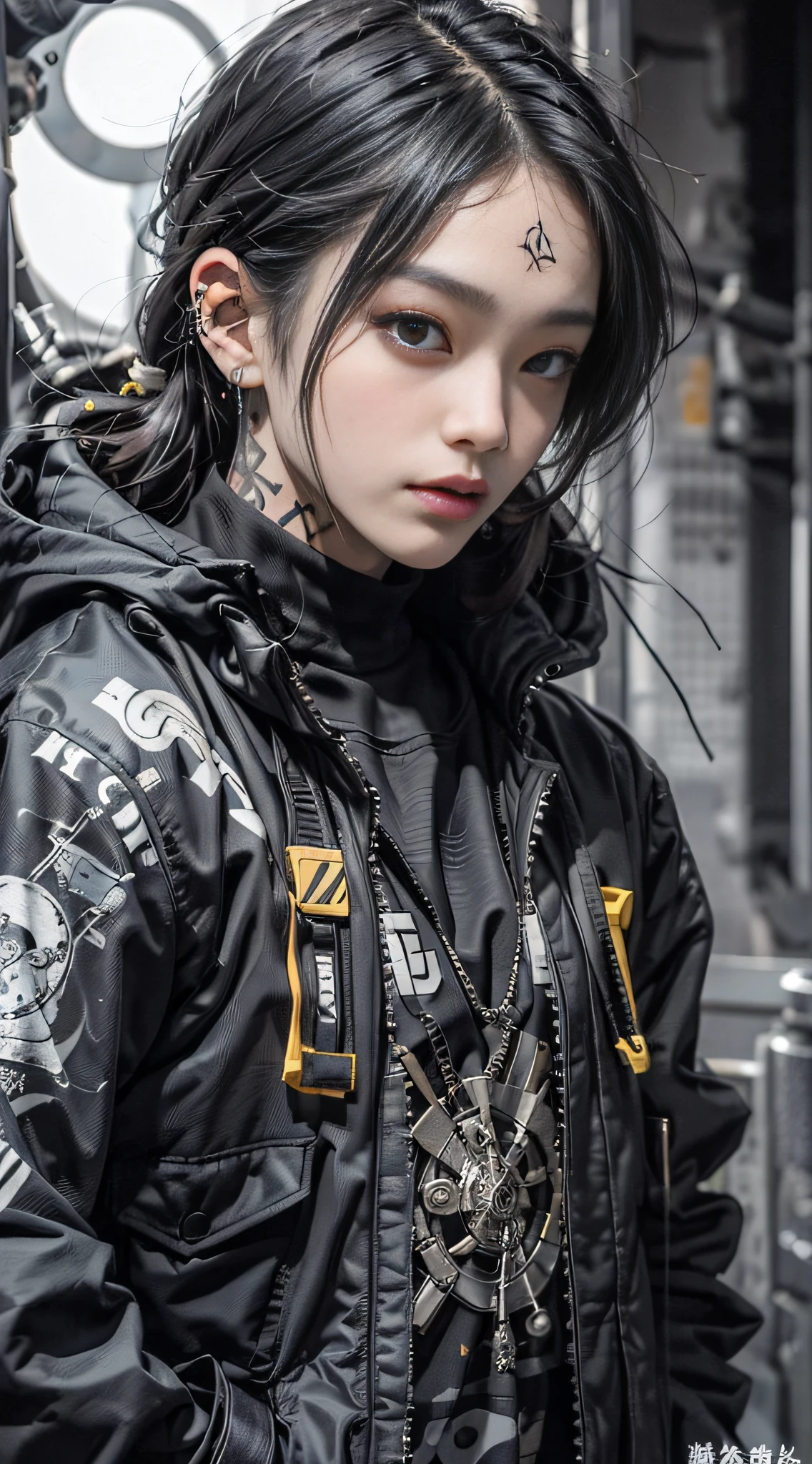 (品质最佳, 巨作)OriginalPhotographs,Fisheyes(rapper with dread hair, tattooed,mechanic arms)techwear jacket,Hood,scrolls,black and white clothes,Very detailed,Cinematic,Glow,ultrasharp,Particle