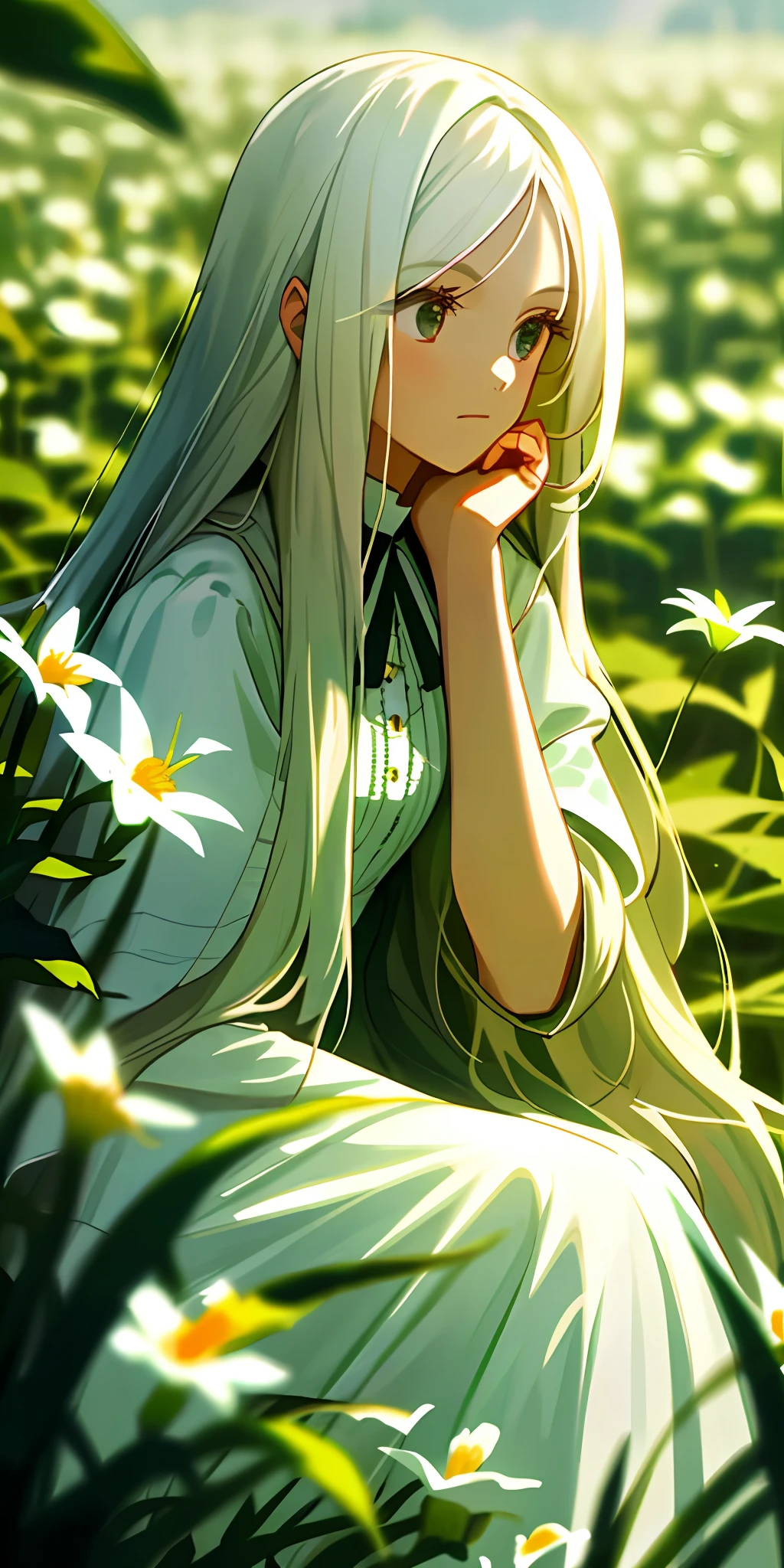 (masterpiece, best quality),1girl with long white hair sitting in a field of green plants and flowers, her hand under her chin, warm lighting, white dress, blurry foreground
