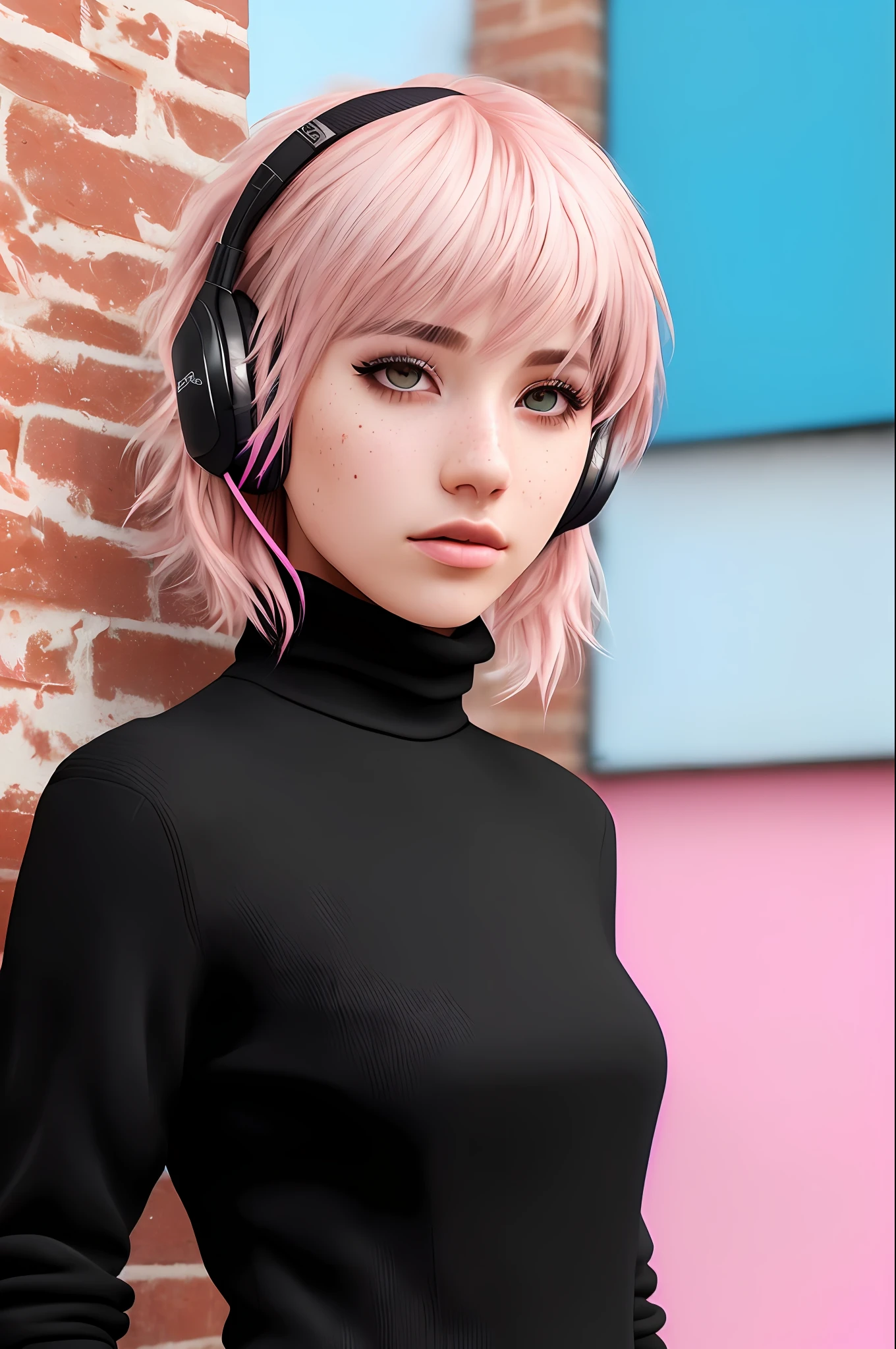 (masterpiece, best quality, 1girl, solo, intricate details, chromatic aberration), realistic, realistic eyes, (photorealistic:1.4), ((cinematic)), profesional lighting,cinematic shot, cinematography, intricately detailed, crafted, meticulous, magnificent, maximum details, extremely hyper aesthetic, realistic, (((1girl, solo))), 18 years old, soft light,
medium hair, (pink hair:1.2), bangs, symmetric eyes, (realistic eyes), (eyeliner:1.2),
real skin texture, realistic skin, (freckles:0.9), european,
against wall, brick wall, graffiti, (look at viewer:1.5), (photorealistic:1.4),(full body:1.5),
 open jacket, (((turtleneck black dress))), (rgb ear headset:1.2)