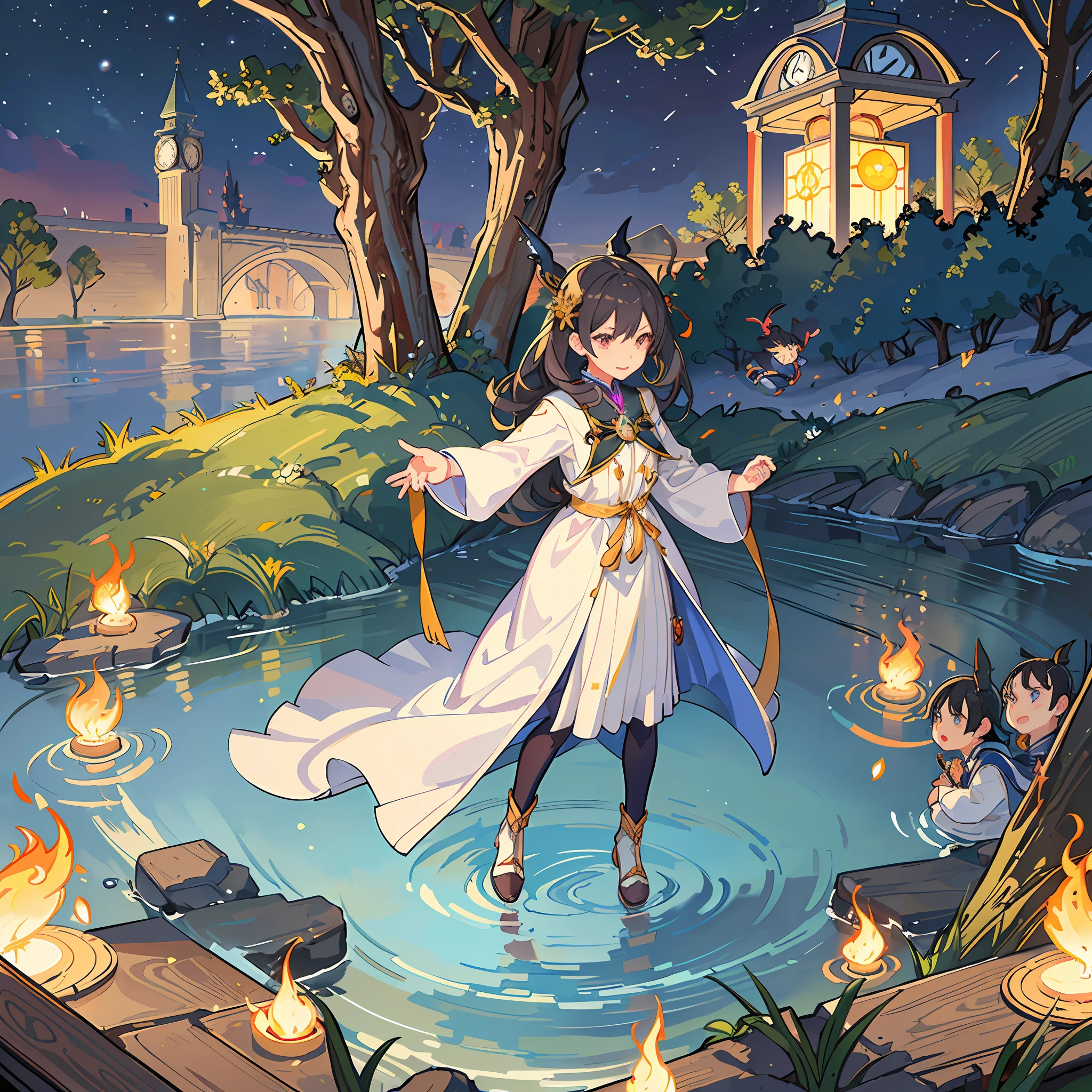 best qualitiy、masterspiece、The highly detailed、detailed backgorund、アニメ、Magical world、flame magic、water magic、The magic of trees、light magic、Dark Magic、A world of five magics mixed、1Man's Apprentice Magical Girl、Practicing the magic of light magic、Huge clock tower in the background、Floating clock tower、night landscape、Small cute spirits(flames、The tree、waters、Lumiere、yami)is conversing near the girl