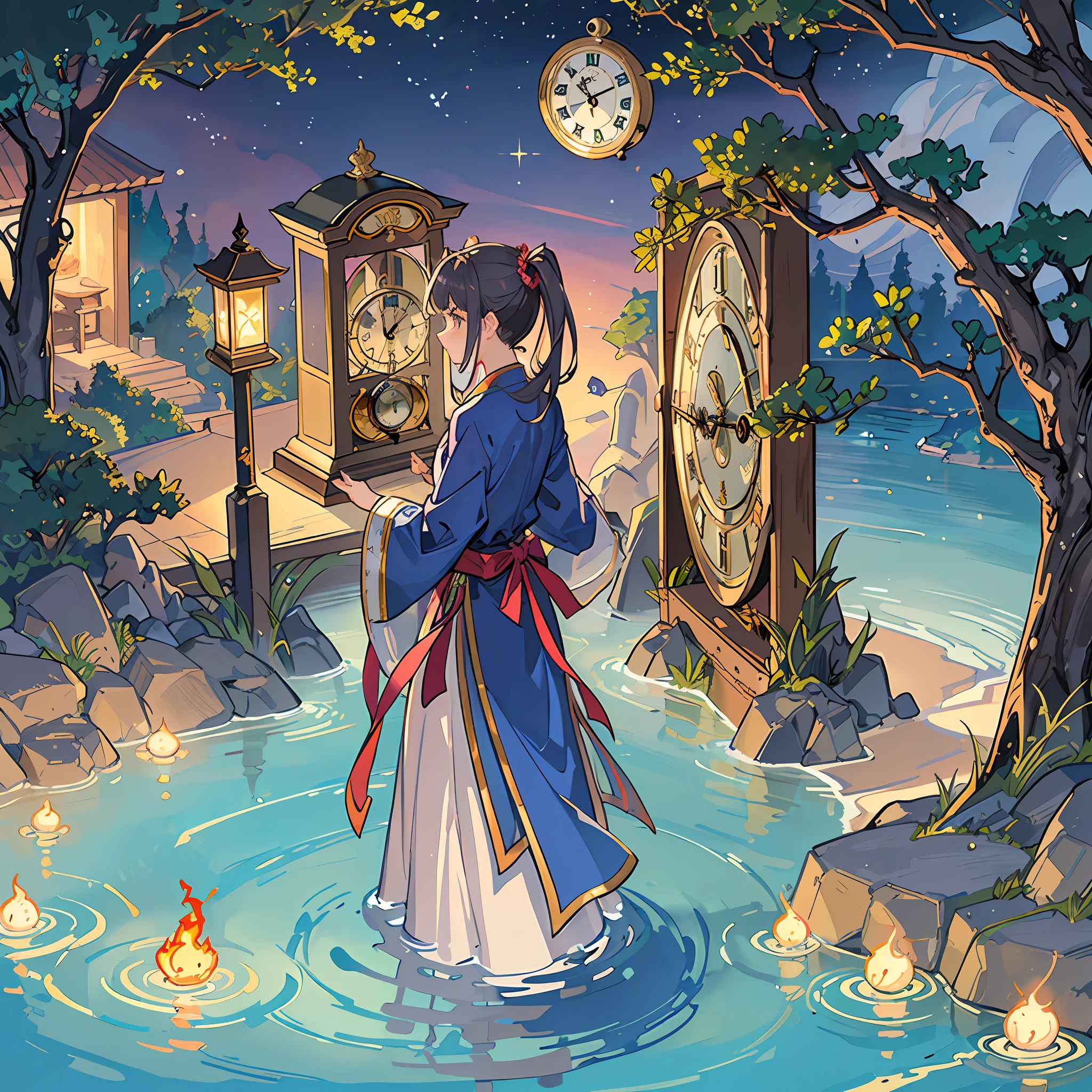 best qualitiy、masterspiece、The highly detailed、detailed backgorund、アニメ、Magical world、flame magic、water magic、The magic of trees、light magic、Dark Magic、A world of five magics mixed、1Man's Apprentice Magical Girl、Practicing the magic of light magic、Huge clock tower in the background、Floating clock tower、night landscape、Small cute spirits(flames、The tree、waters、Lumiere、yami)is conversing near the girl