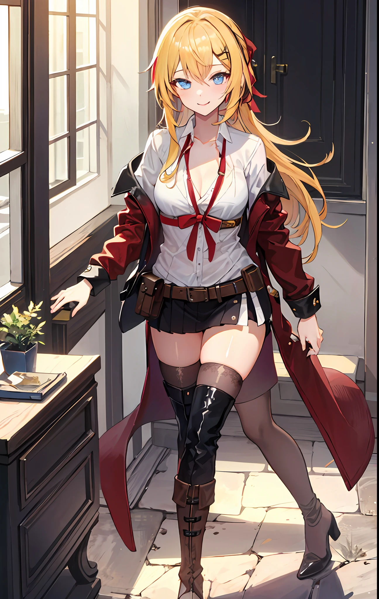 (SFW), masterpiece, best quality, highres k, professional artwork, famous artwork, clean, cinematic lighting, beautiful eyes + detail, beautiful hair + detail, multicoloured hair, (seyoung female body:1.4), ( medium breastation), happy:1.2, smile, sexy looking the viewer, floating hair, kalina, KalinaGK, blonde hair long hair, blue eyes, Griffin Uniform:1.3 indoors, doorway,