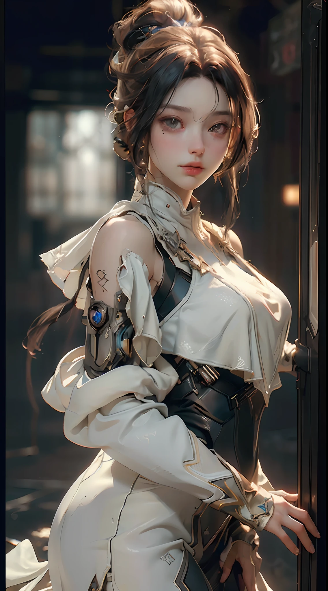 ((Best quality)), ((masterpiece)), (detailed:1.4), 3D, an image of a beautiful cyberpunk female,HDR (High Dynamic Range),Ray Tracing,NVIDIA RTX,Super-Resolution,Unreal 5,Subsurface scattering,PBR Texturing,Post-processing,Anisotropic Filtering,Depth-of-field,Maximum clarity and sharpness,Multi-layered textures,Albedo and Specular maps,Surface shading,Accurate simulation of light-material interaction,Perfect proportions,Octane Render,Two-tone lighting,Wide aperture,Low ISO,White balance,Rule of thirds,8K RAW,
