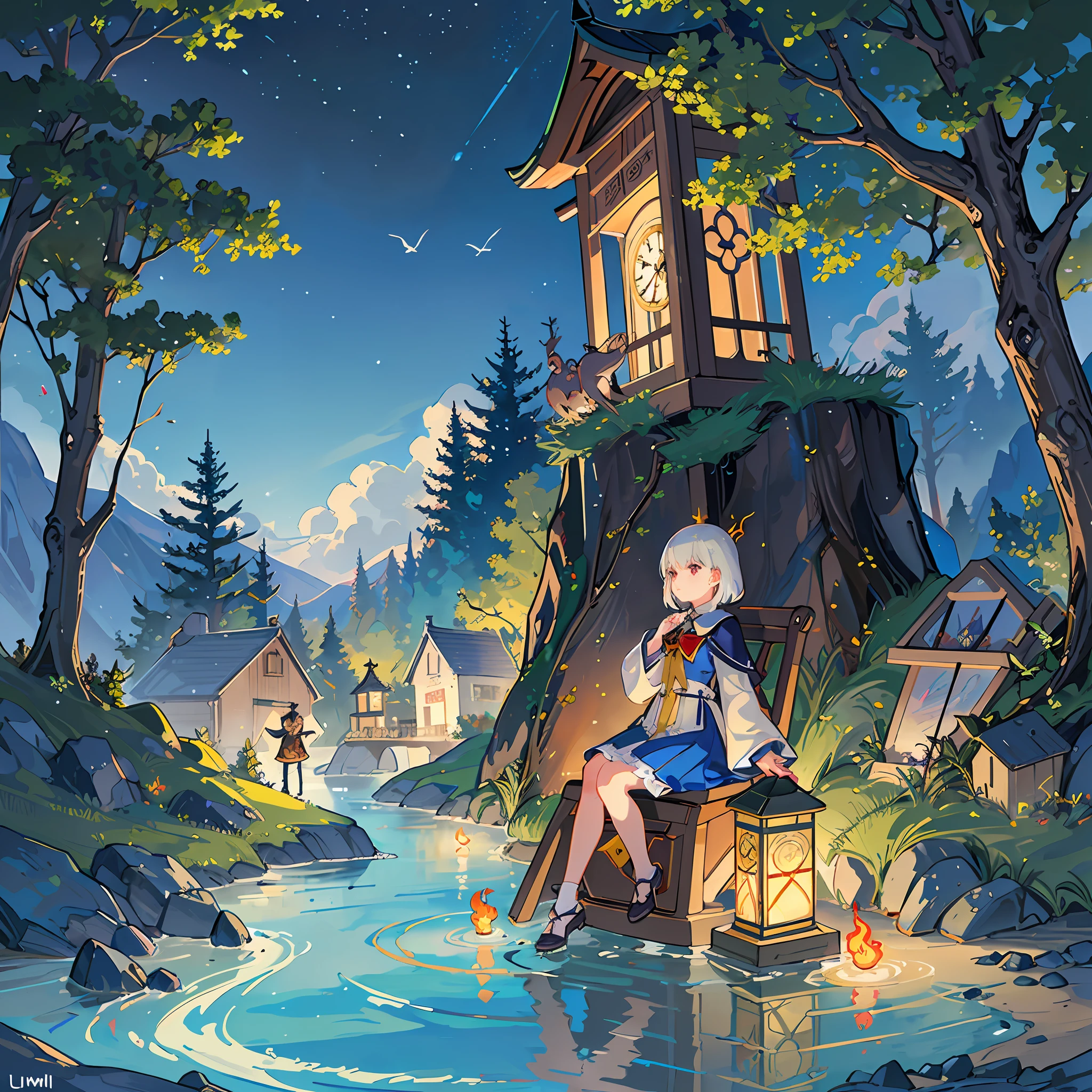 best qualitiy、masterspiece、The highly detailed、detailed backgorund、アニメ、Magical world、flame magic、water magic、The magic of trees、light magic、Dark Magic、A world of five magics mixed、1Man's Apprentice Magical Girl、Practicing the magic of water、Huge clock tower in the background、Floating clock tower、night landscape、Small cute spirits(flames、The tree、waters、Lumiere、yami)is conversing near the girl