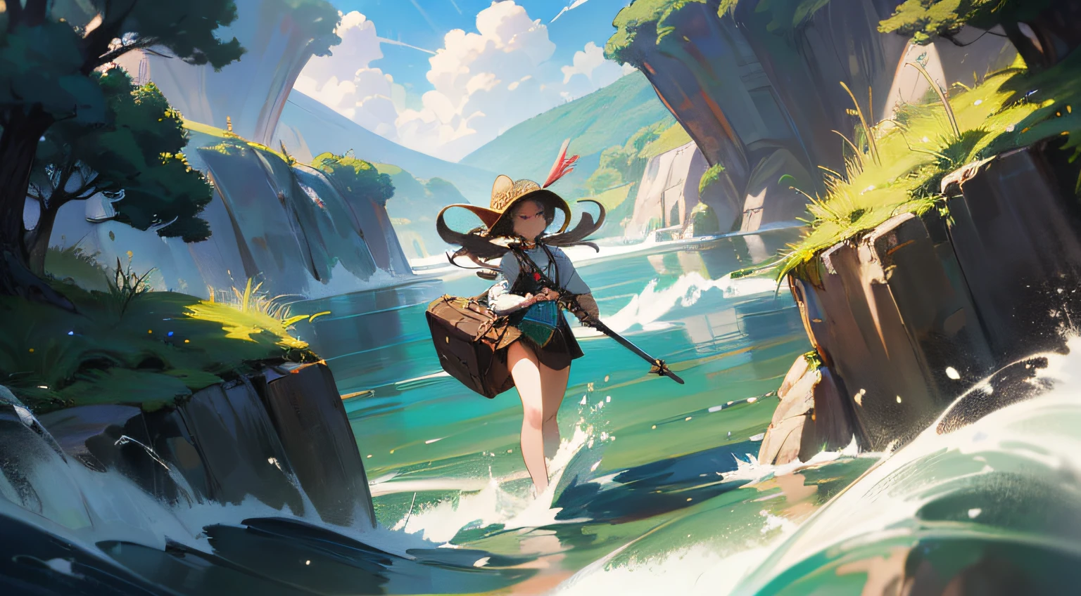 detailed backgorund，Masterpiece artwork，Best Picture Quality，Magnificent mountains、Rushing rivers and dense forests intertwine，sun is shining、Fresh during the day，Clouds float；The art style is peculiar，Unbelievably surreal，It's like Pixar animation；High resolution over 16K，Artgerm style，Ultra-fine precision，Composition epic level，An ultra-high picture quality、HighestQuality。