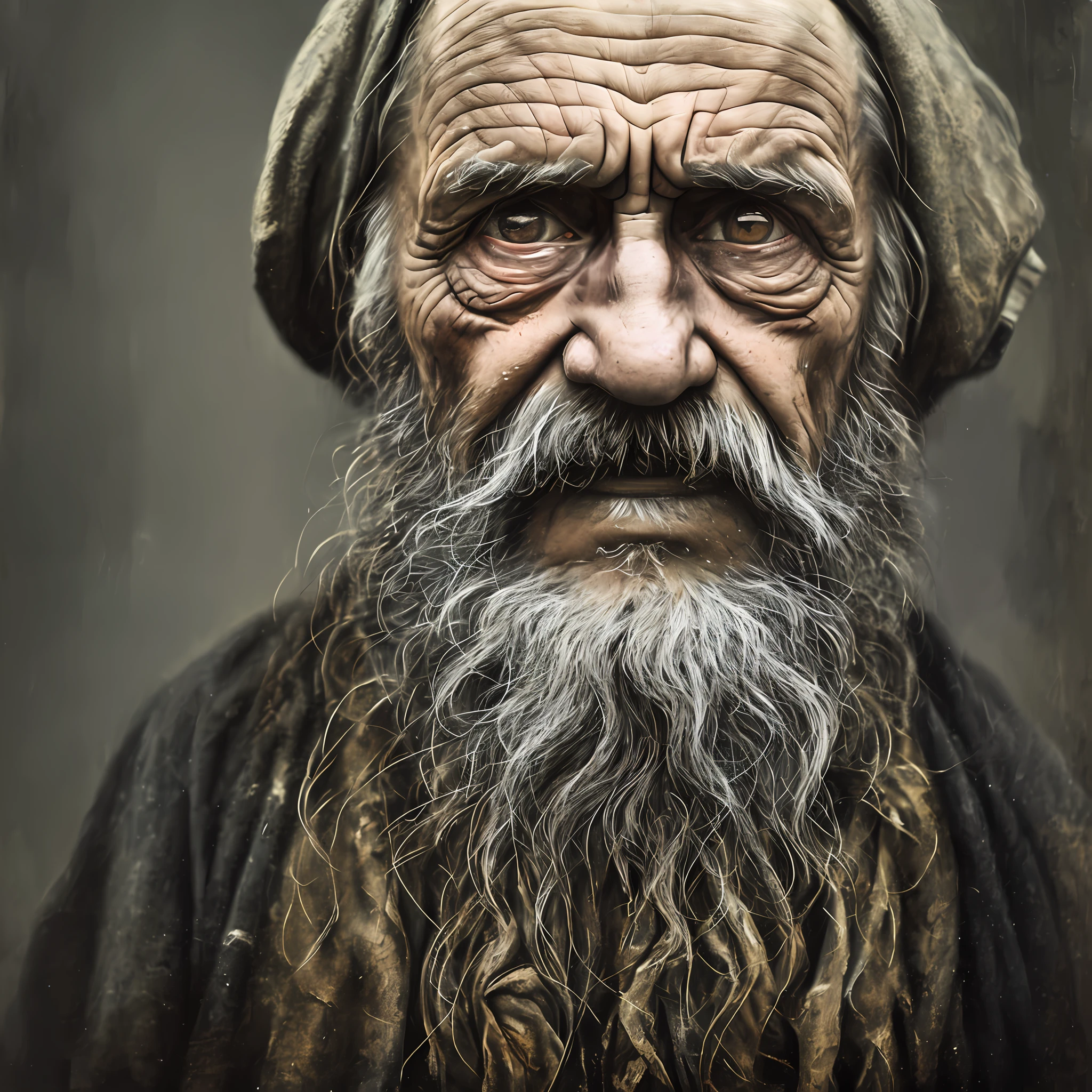 A portrait of poor russian 1800 old worker in rags, ((overwhelming fatigue )), wrinkles of age, concept art, oil pastel painting , moody gray colors , gritty, messy stylestyle of Alexey Savrasov, Ivan Shishkin, Ilya Repin, (cel shaded:1.2), 2d, (oil painting:1.2) highly detailed