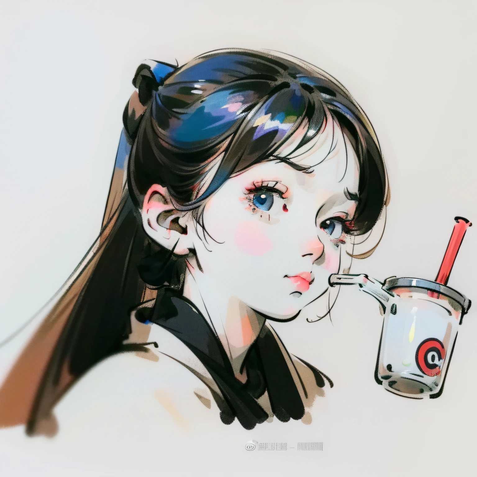 1个女孩，Cartoon Girl，Take the milk tea, Simple line drawings, White background, Blue outline，Remove text, Q version，the hair：pony-tail，（Single background，white backdrop）