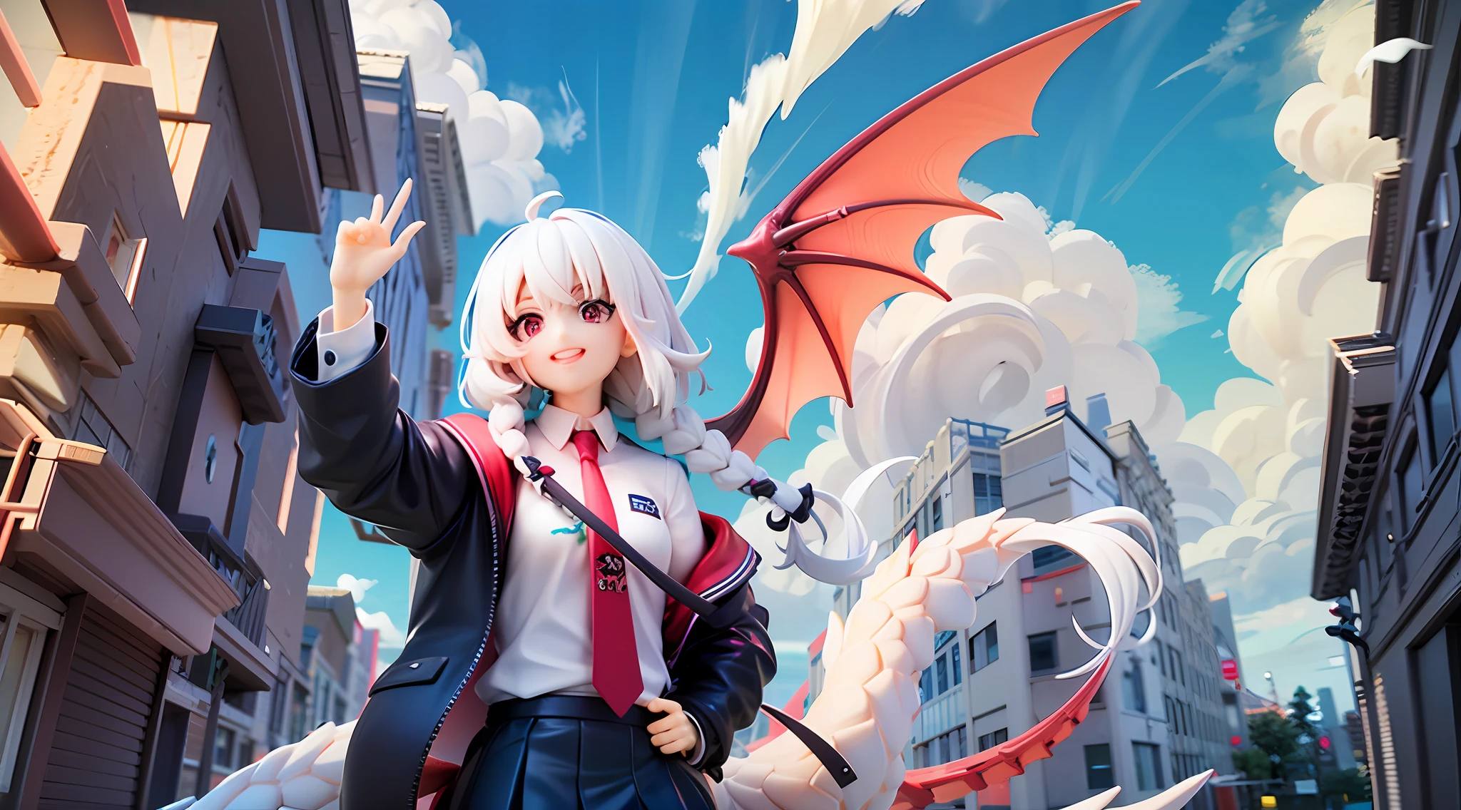 1girl, Red eyes、Sharp eye light、red necktie、Black jacket、White shirt、Black miniskirt、Student uniforms、Sorrisos、White hair、Braids、Dragon Wings、Dragon's horn、Dragon's tail、Naturally、blue skies、white clouds、Mystical light, upper body, angle from above