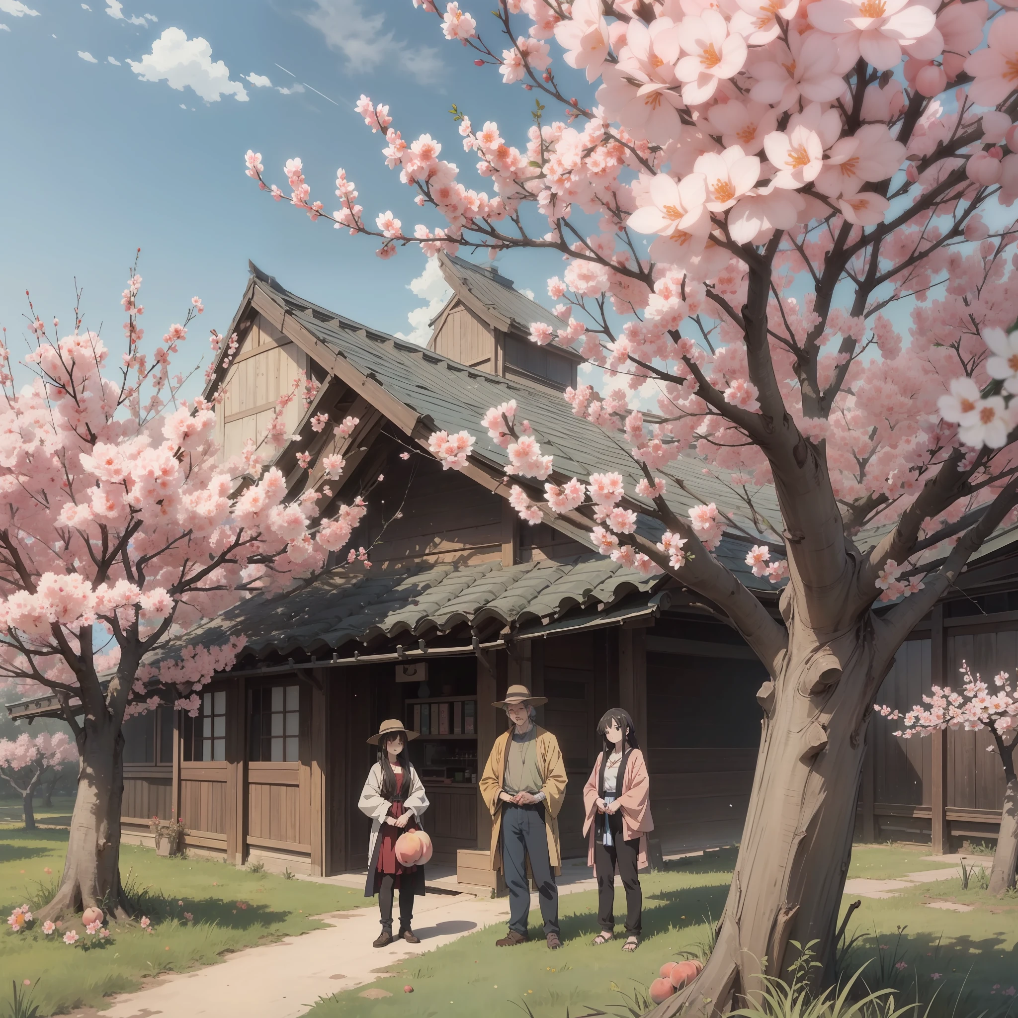 Several farmers stand under peach trees in full bloom and talk(The background is 1 in the peach orchard.5)Anime style 4 K,Anime rendering,style of anime。8K,((Cinematic lighting 1.5)