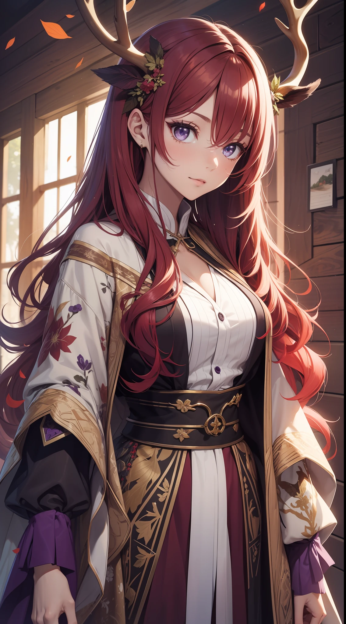Adult woman, Long fiery red hair with purple ends, purple colored eyes, deer antlers, Herbalist's robe, Masterpiece, hig quality
