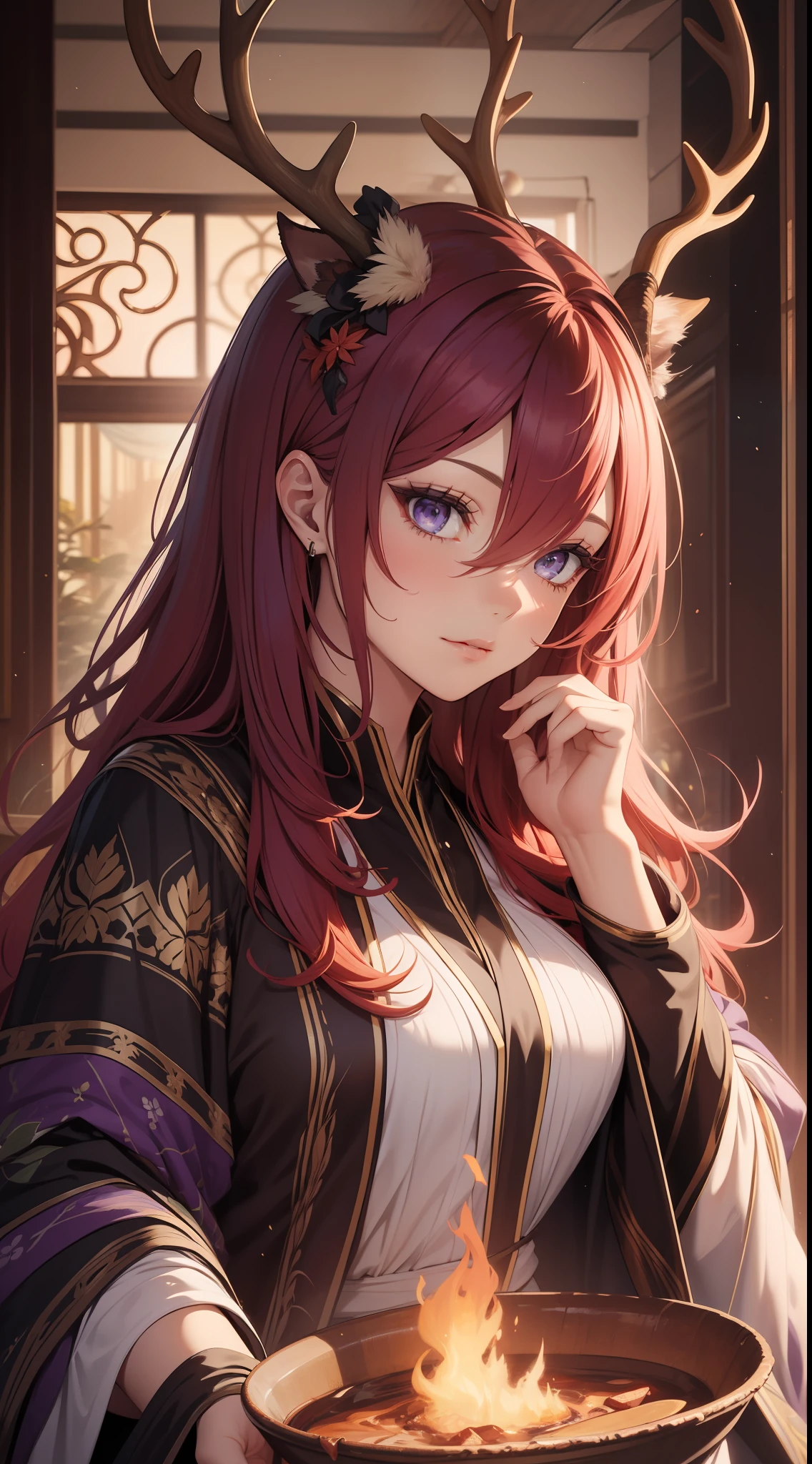 Adult woman, Long fiery red hair with purple ends, purple colored eyes, deer antlers, Herbalist's robe, Masterpiece, hig quality