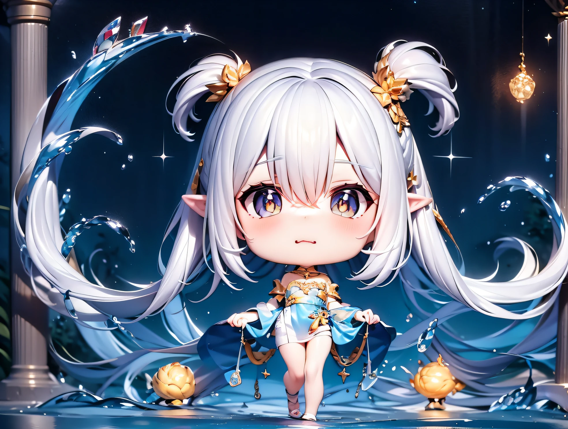 anime girl with white hair and blue dress standing in water, white haired deity, splash art anime ****, from the azur lane videogame, cute detailed digital art, advanced digital chibi art, anime goddess, anime art wallpaper 8 k, anime art wallpaper 4 k, anime art wallpaper 4k,  azur lane style, anime style 4 k，(1 girl,silver-hair), heterochromatic pupils,Queen's crown,standing in a magic temple,(Wearing a black and gold color matching robe)，(Surrounded by elemental magic,starlight and holy light)，((exquisite facial features))，((Mature and feminine))，Very detailed magic temple background，starry skies