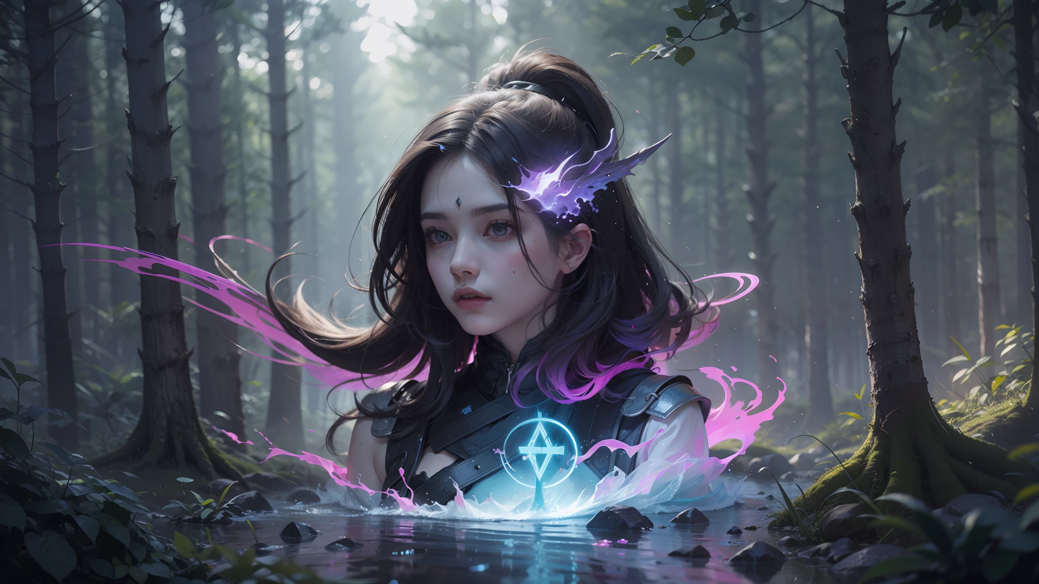（Digital artwork：1.3）（a sketch：1.1）Octane renders a mysterious dense forest，（（（Multiple circular magic halo inserts come together again））），（Staff），Colored Philosopher's Stone，（（The magician beauty stands in a complex aura of magic）），（There are super complex runes in the aura），Shoot at 8K resolution，Gasoline liquid，muted colors，A Splash Art，Blue and purple magic universe，Lithography in intricate details，（Light particles：1.2），（game concept：1.3），（depthoffield:1.3),Global illumination,well detailed,Trends on ArtStation