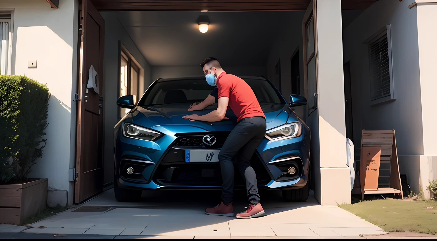 homem fazendo sinal de silencio com um carro e casa atras dele --auto